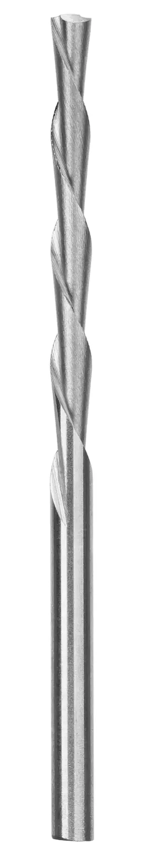 Una broca helicoidal de metal de pie sobre fondo blanco.