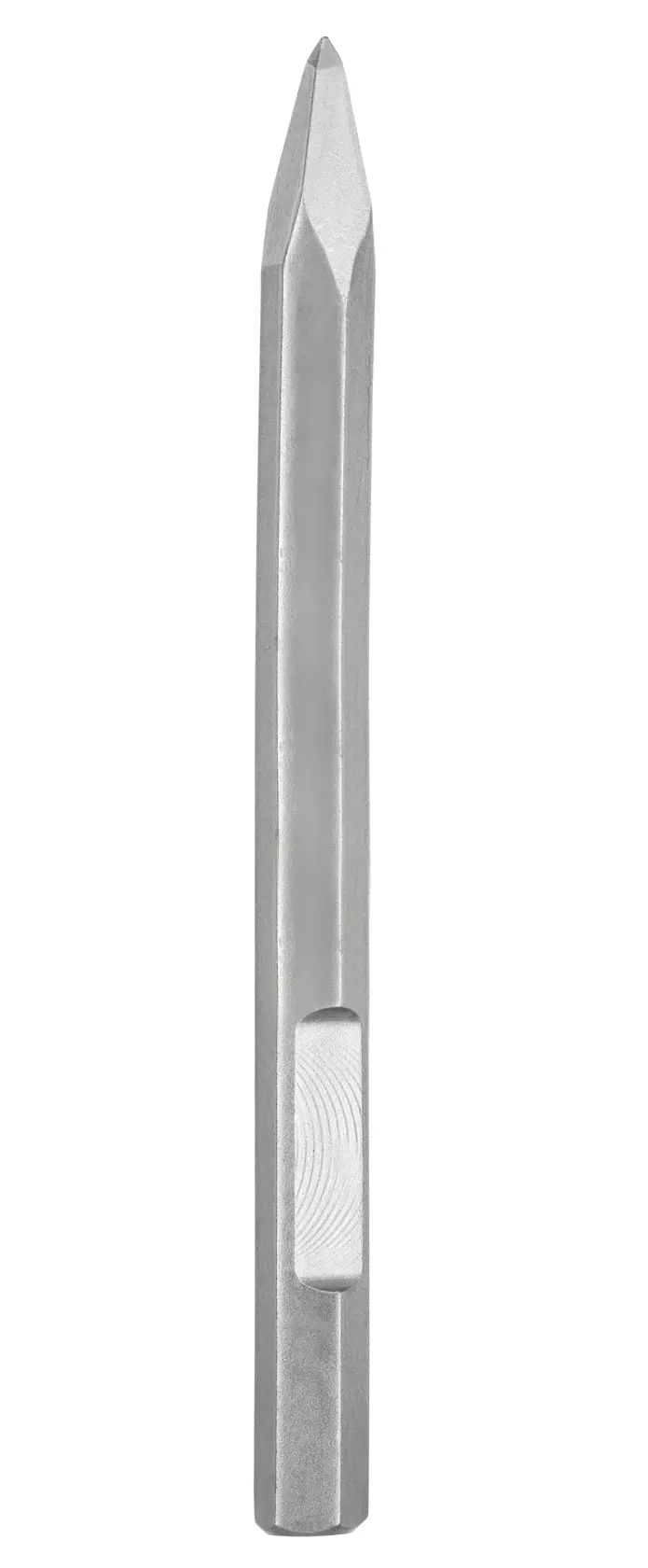 A pointed steel chisel bit for demolition, used with power tools like rotary hammers. Shown on a plain white background.