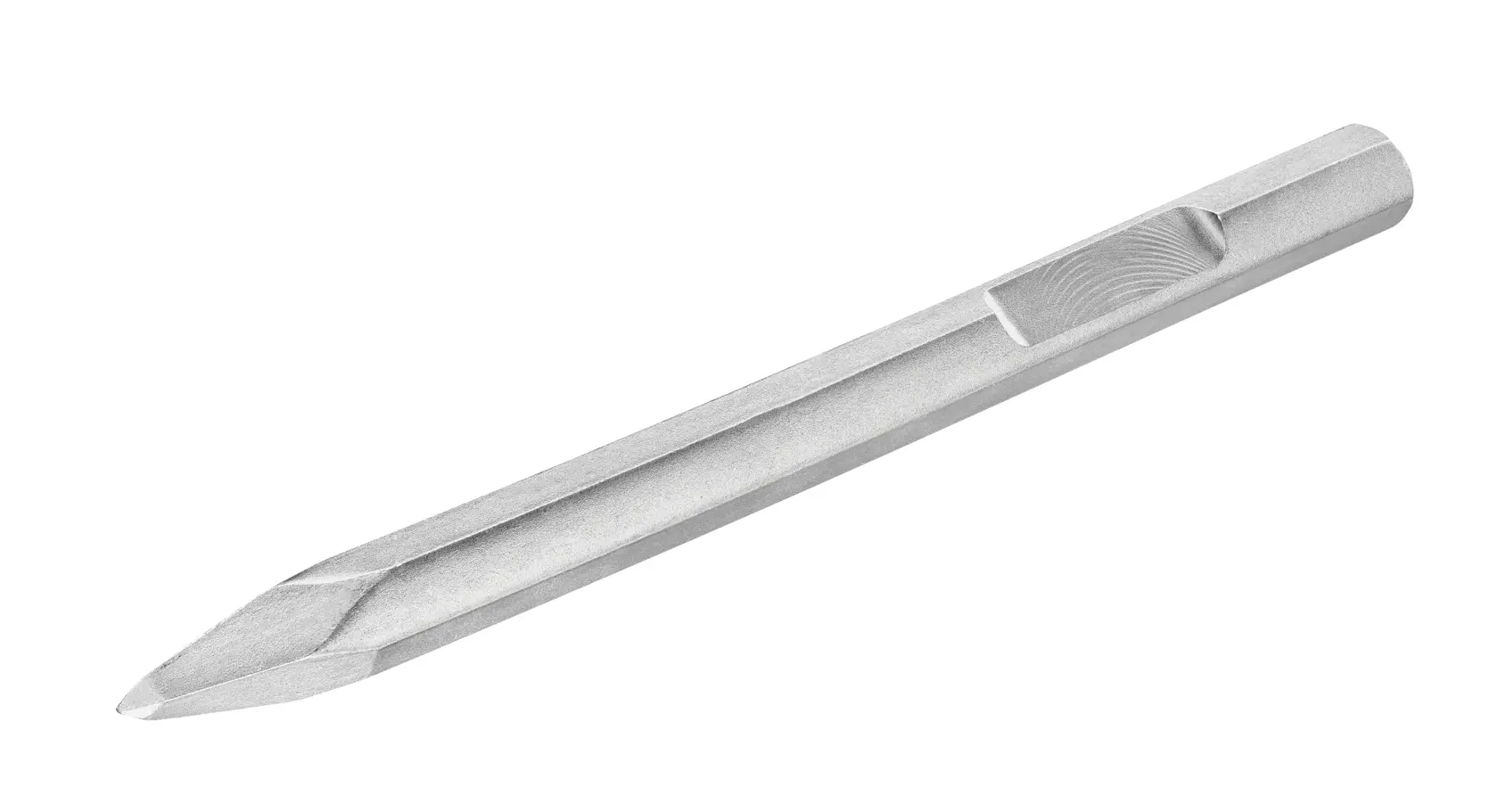 DEWALT pointed chisel bit for demolition work, silver color, isolated on a white background.