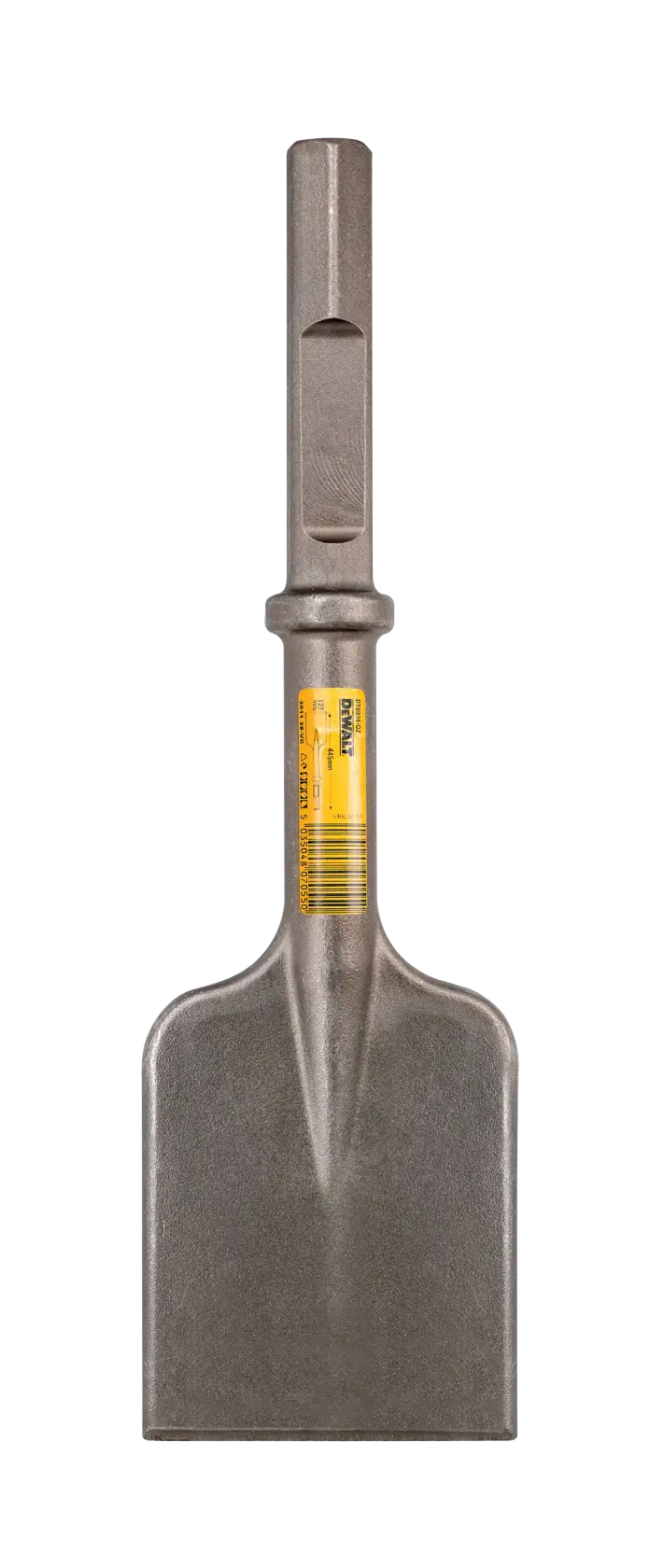 Cincel plano DEWALT DT6934 con hoja ancha y mango hexagonal, para remover materiales con herramientas eléctricas.