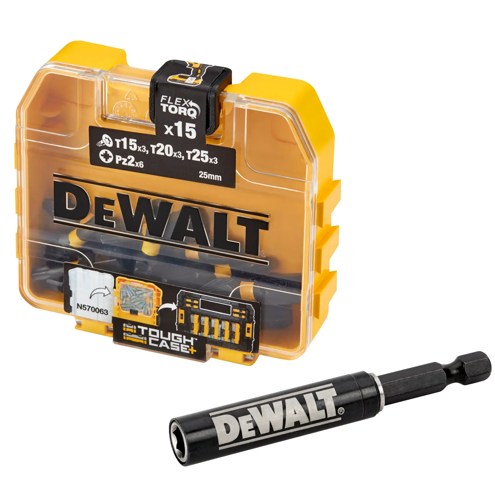 Graphic showing DEWALT XTREME Sub-Compact Series branding with the slogan 'Compact and Performance Packed' on a yellow background.