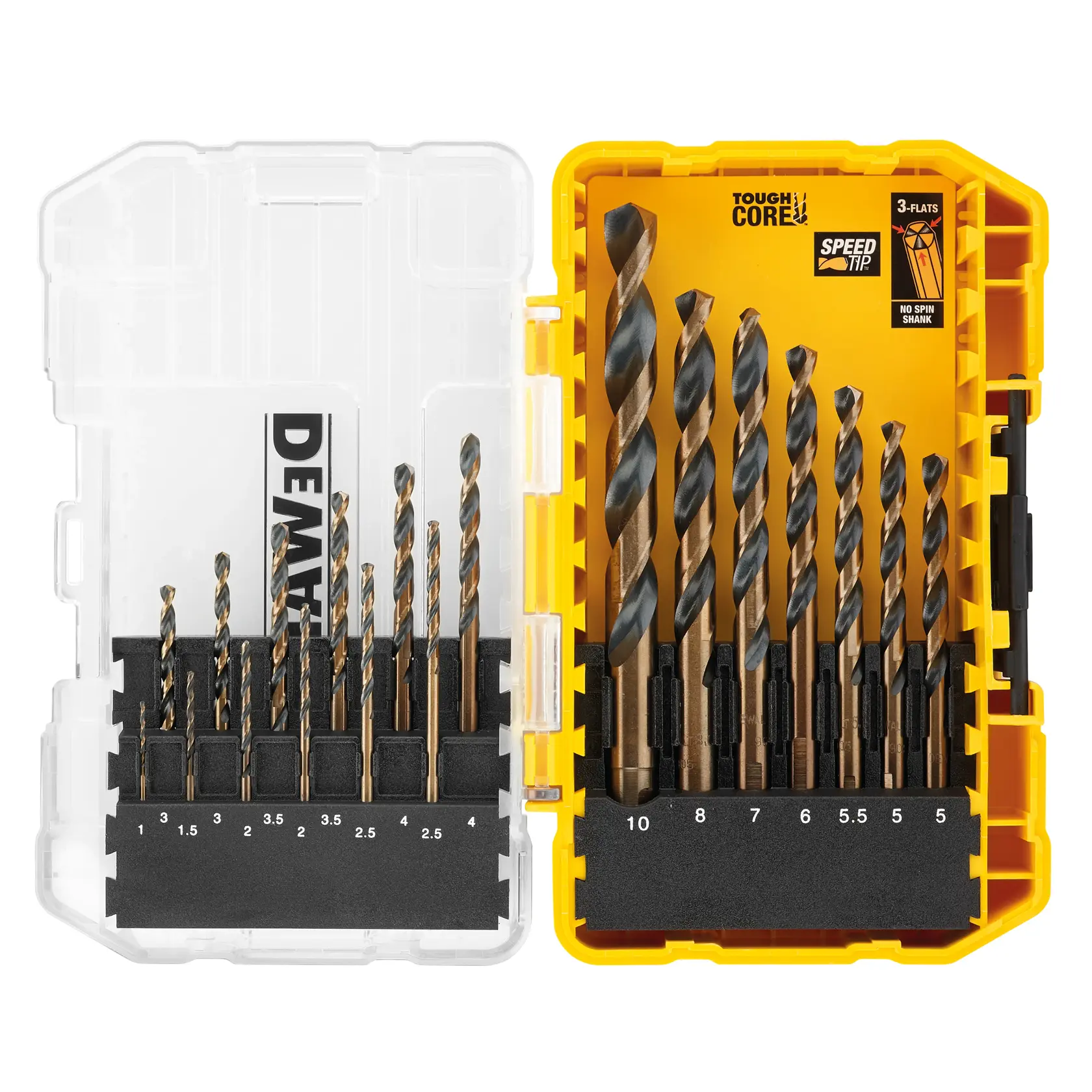 Juego de brocas DEWALT en estuche amarillo y transparente, varios tamaños visibles y etiquetados.