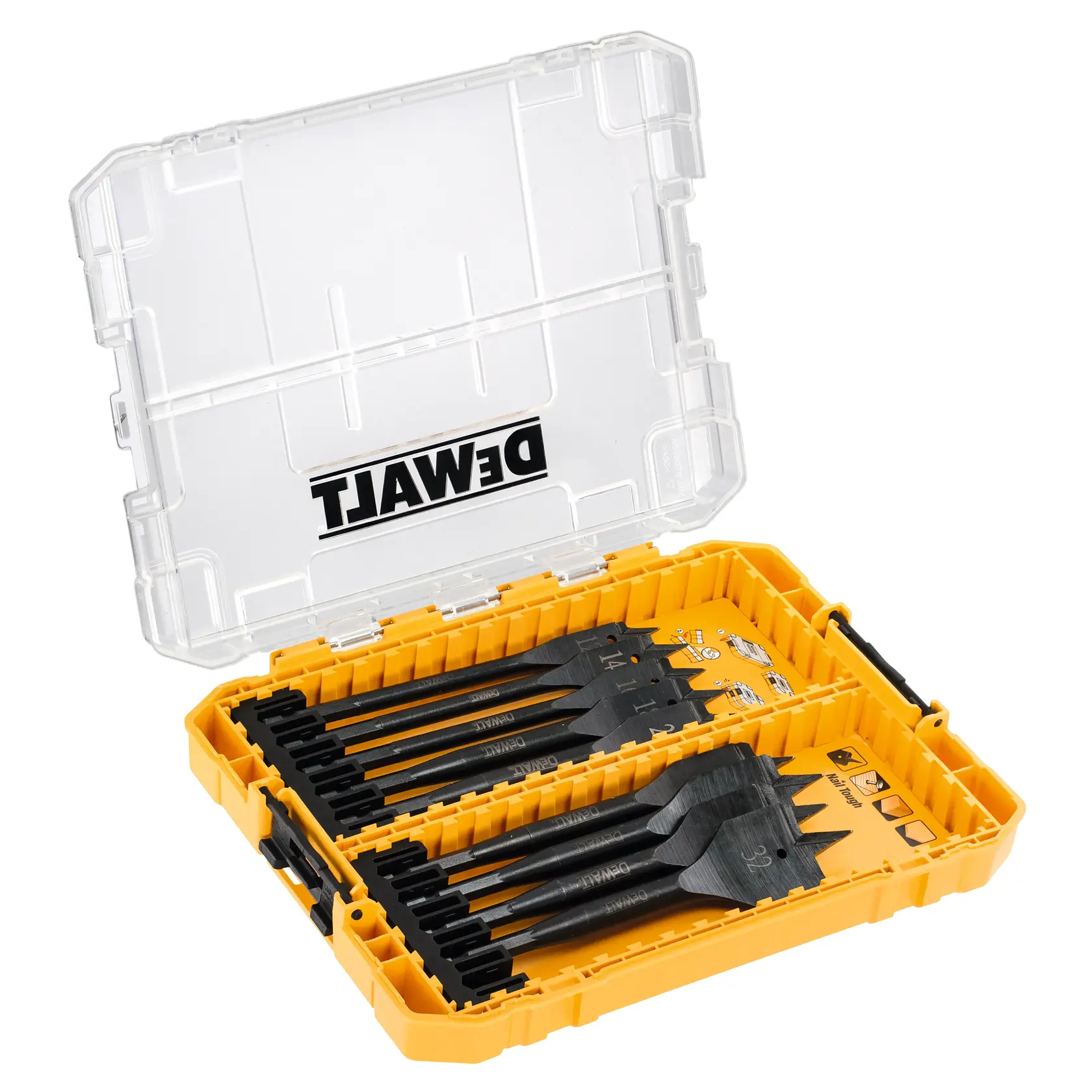 Estuche amarillo DEWALT con brocas negras organizadas, tapa transparente parcialmente abierta.