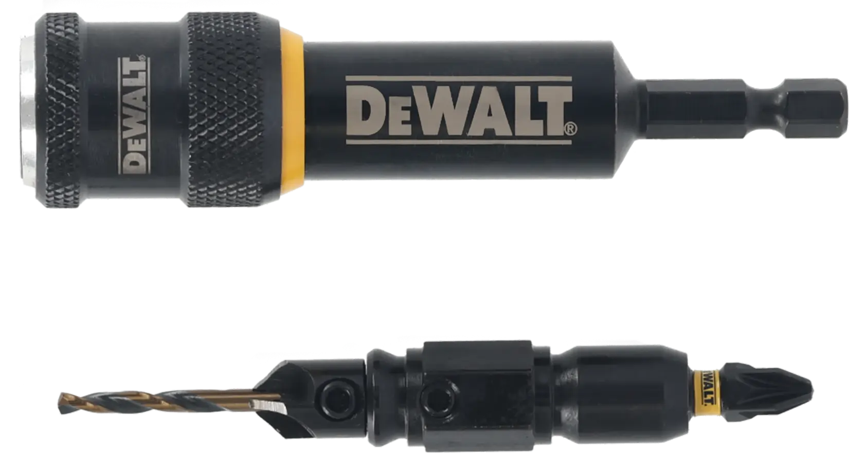 Set DEWALT DT70787 de broca y punta de destornillador con soporte magnético, primer plano sobre fondo blanco.