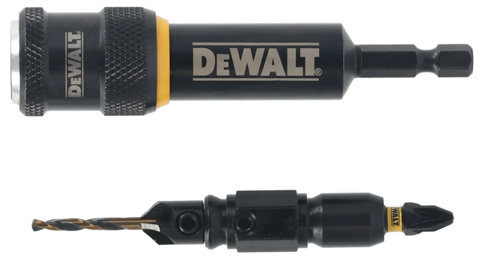 Dos accesorios para broca DEWALT en negro y plata para herramientas eléctricas, sobre fondo blanco.
