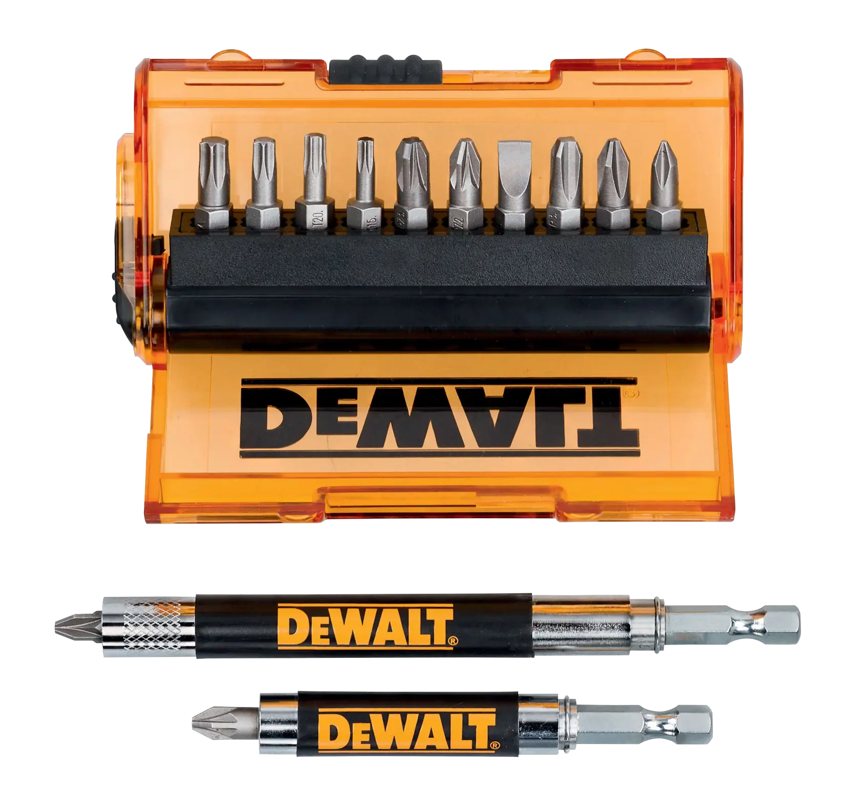 Set d'embouts tournevis DEWALT DT71502 avec boîte orange et deux porte-embouts noirs visibles.