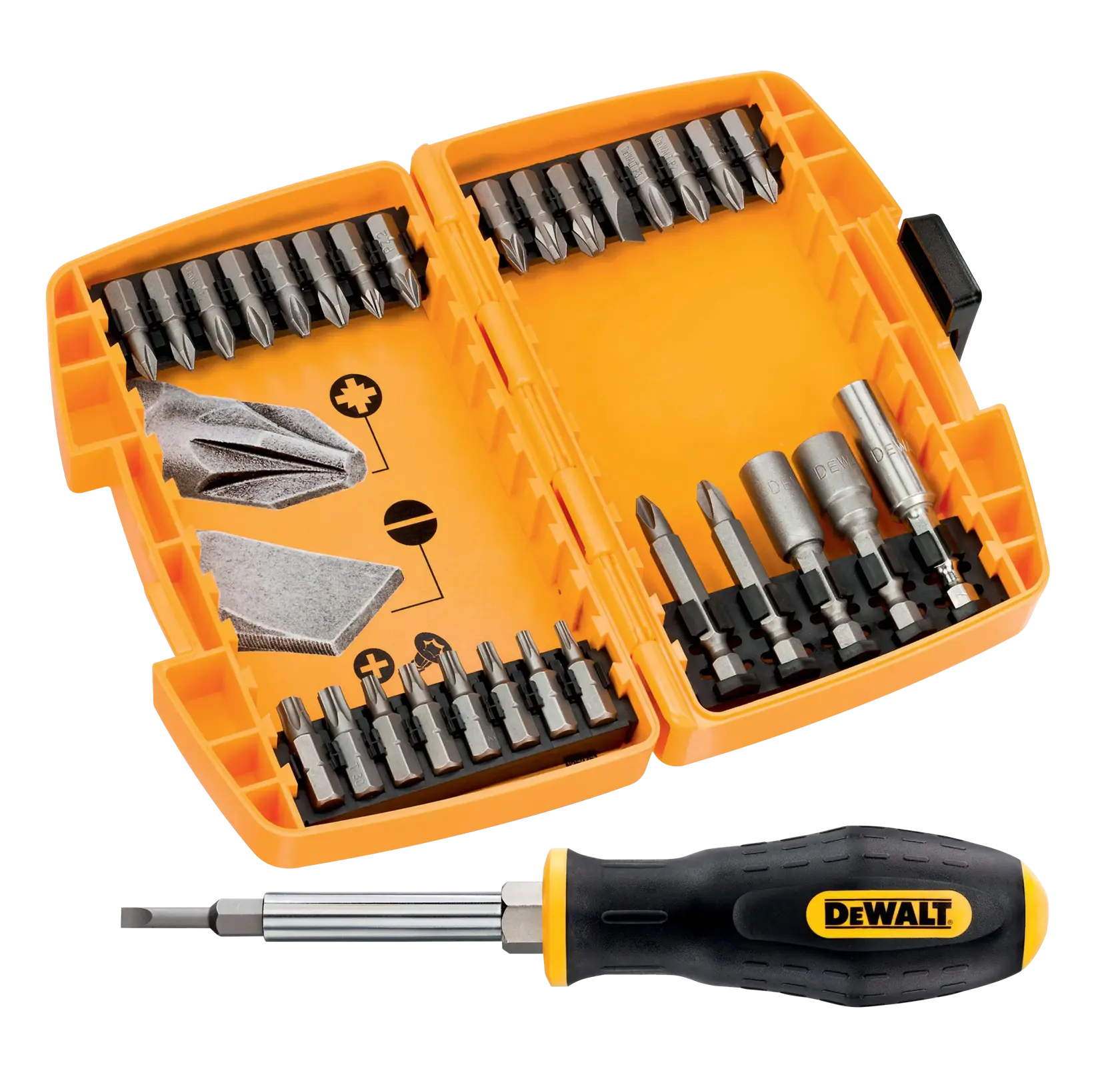 Juego DEWALT de destornillador y puntas en caja naranja, incluye puntas para fijación y reparación.