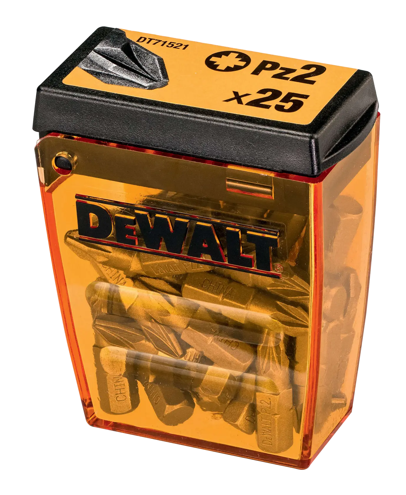 DEWALT DT71521 Box mit 25 PZ2 Schrauberbits in transparentem orangefarbenen Gehäuse.