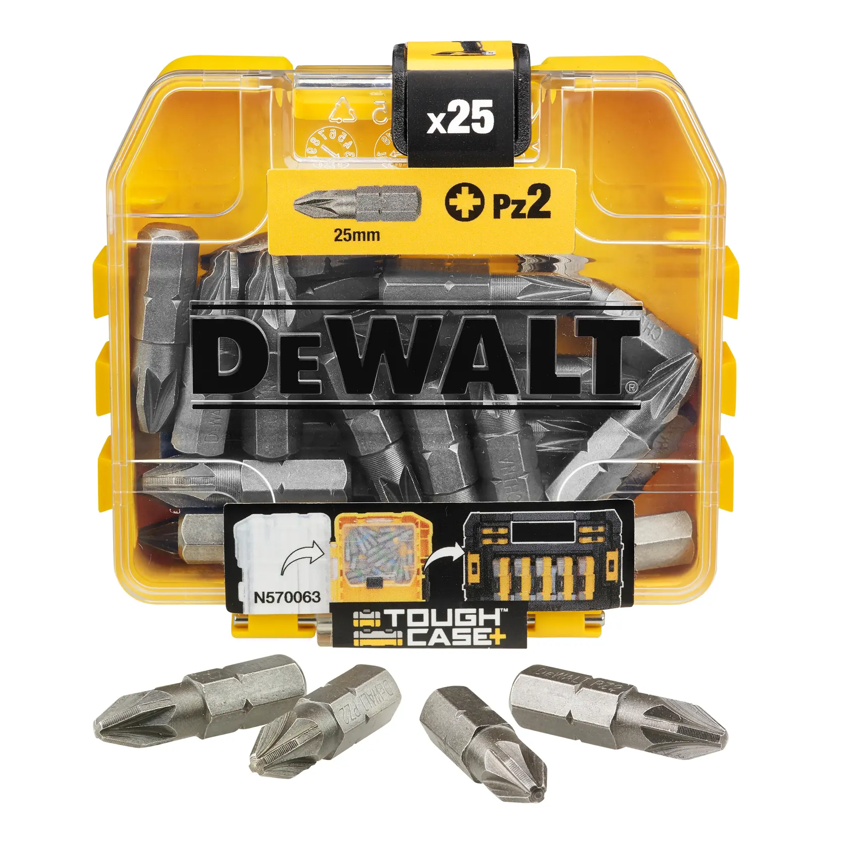 DEWALT Set mit 25 PZ2 Schrauberbits, 25mm Länge, in gelbem Hartcase.