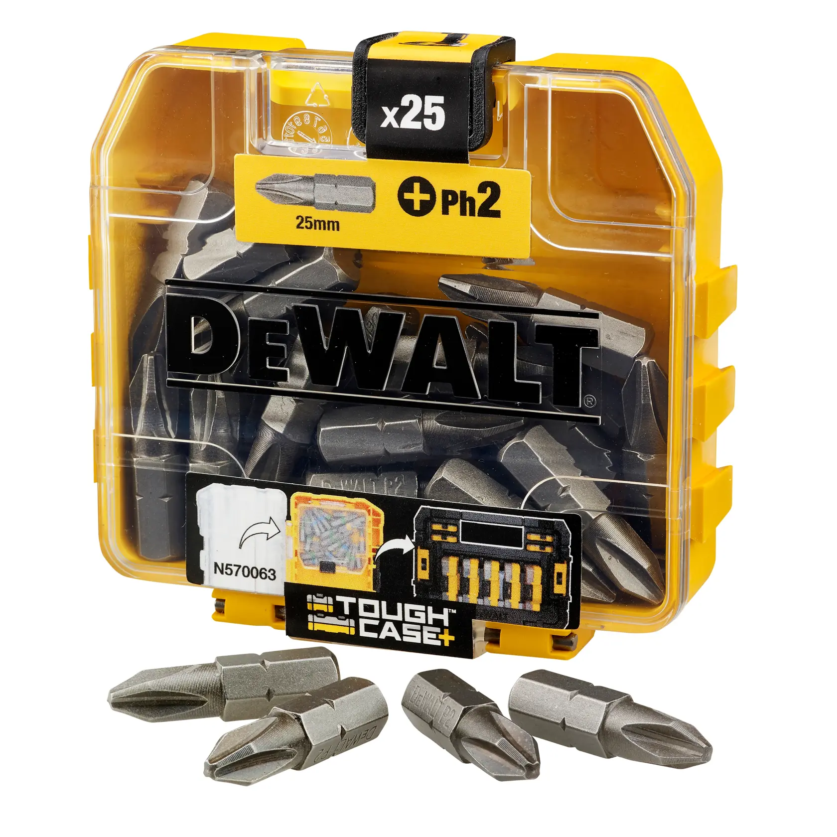 DEWALT DT71522 Tough Case mit 25 PH2 Schrauberbits, 25mm lang, gelbe Kunststoffbox.