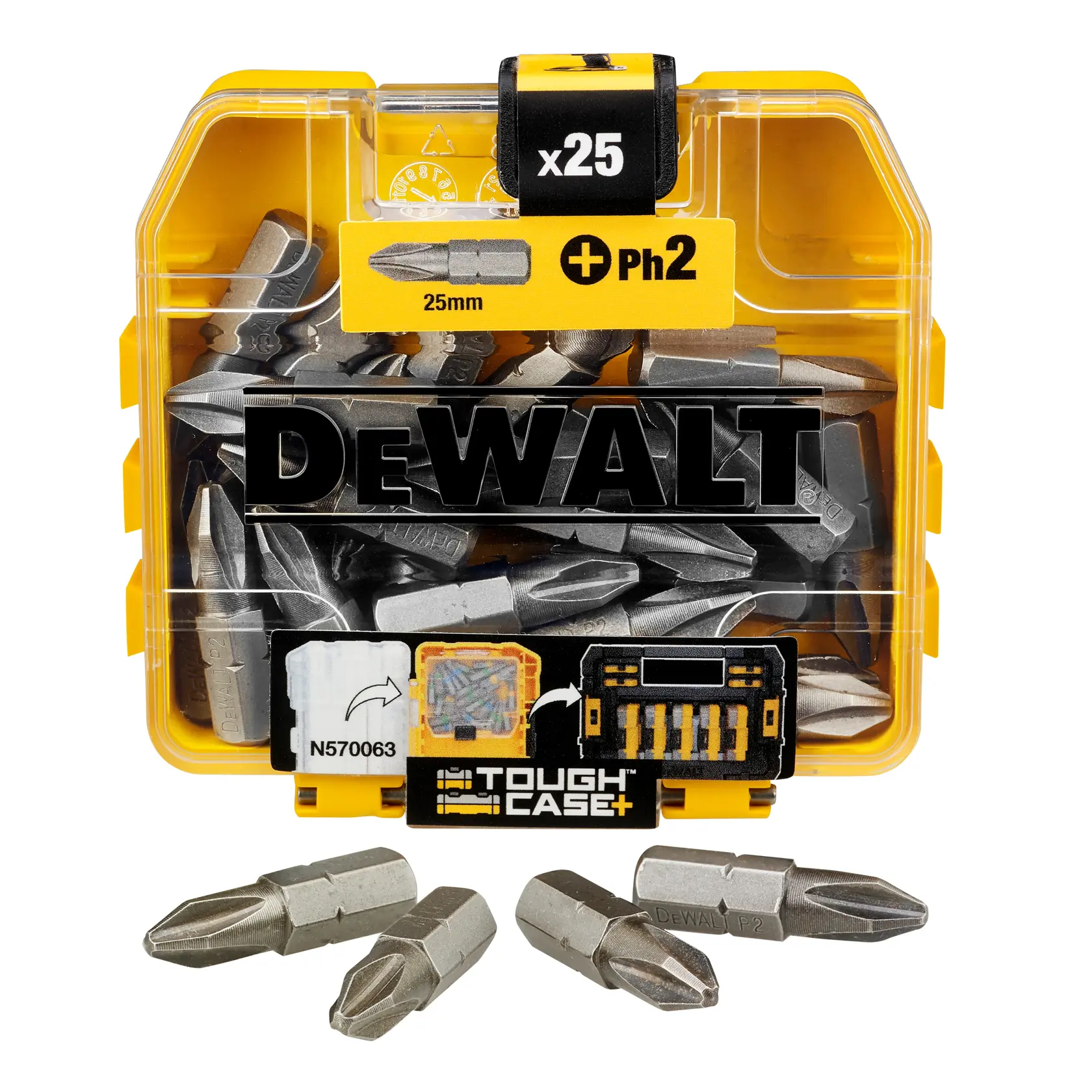 DEWALT ToughCase mit 25 PH2 Schrauberbits, 25mm. Gelbes, transparentes Kunststoffgehäuse.