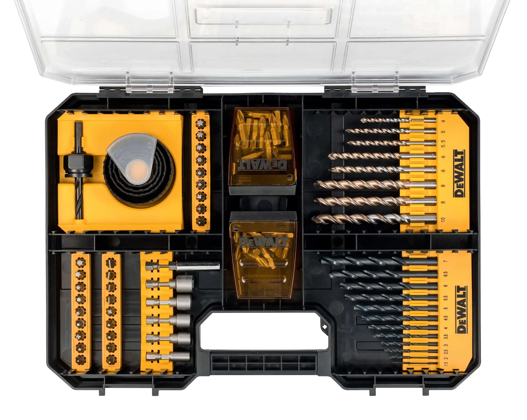 DEWALT drill and bit set in a plastic case with assorted drill bits and accessories.