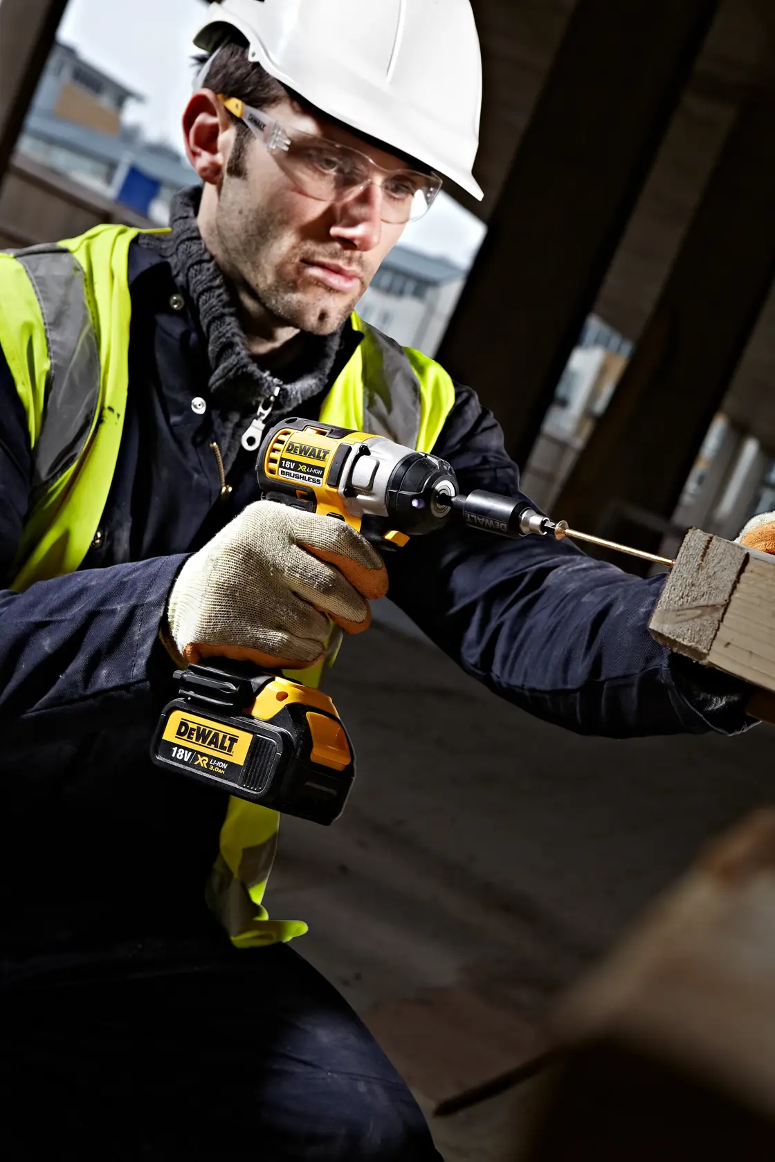 Graphic showing DEWALT XTREME Sub-Compact Series branding with the slogan 'Compact and Performance Packed' on a yellow background.