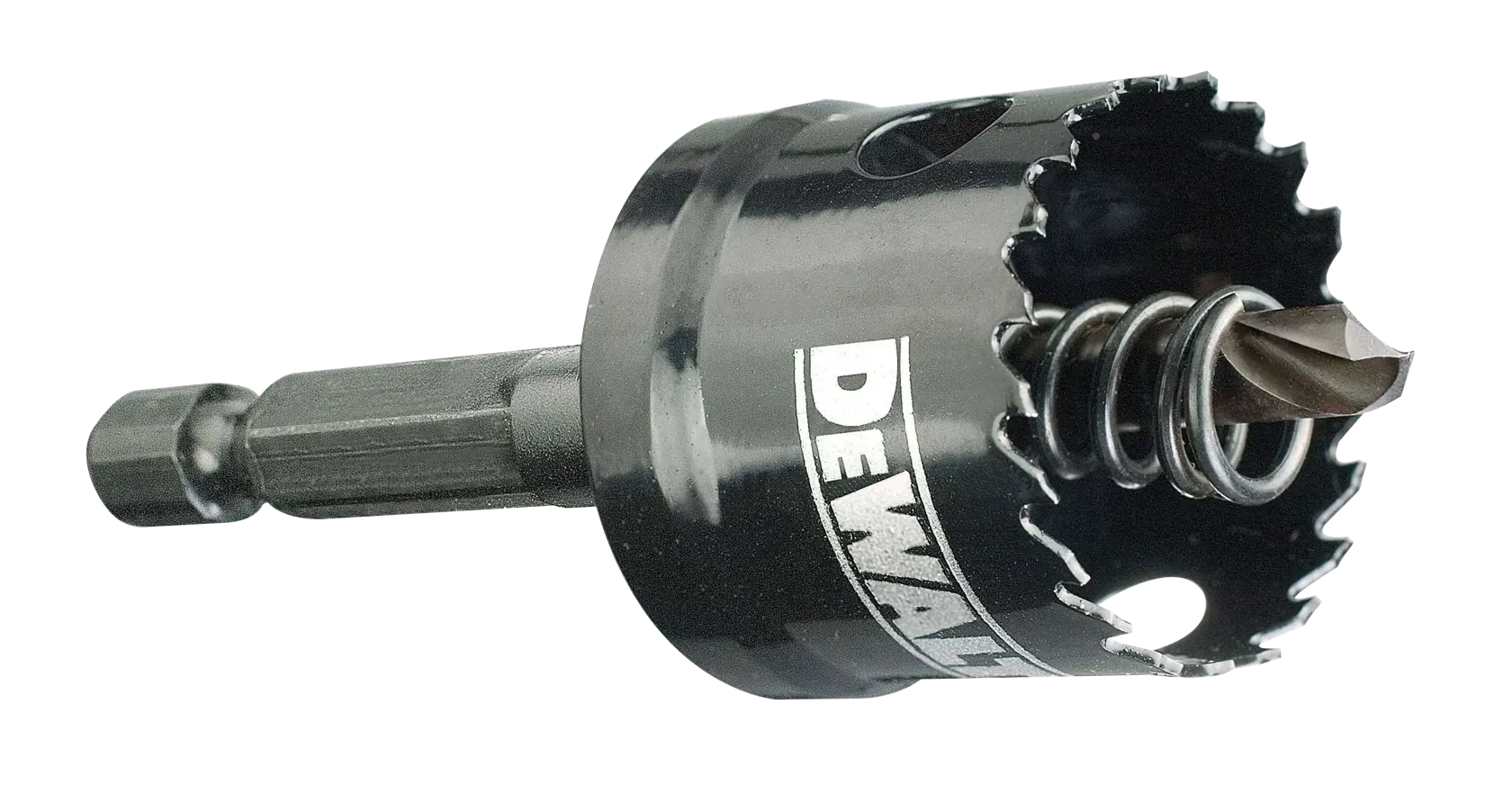 DEWALT hole saw drill bit with spring and hex shank, designed for cutting precise holes in materials.