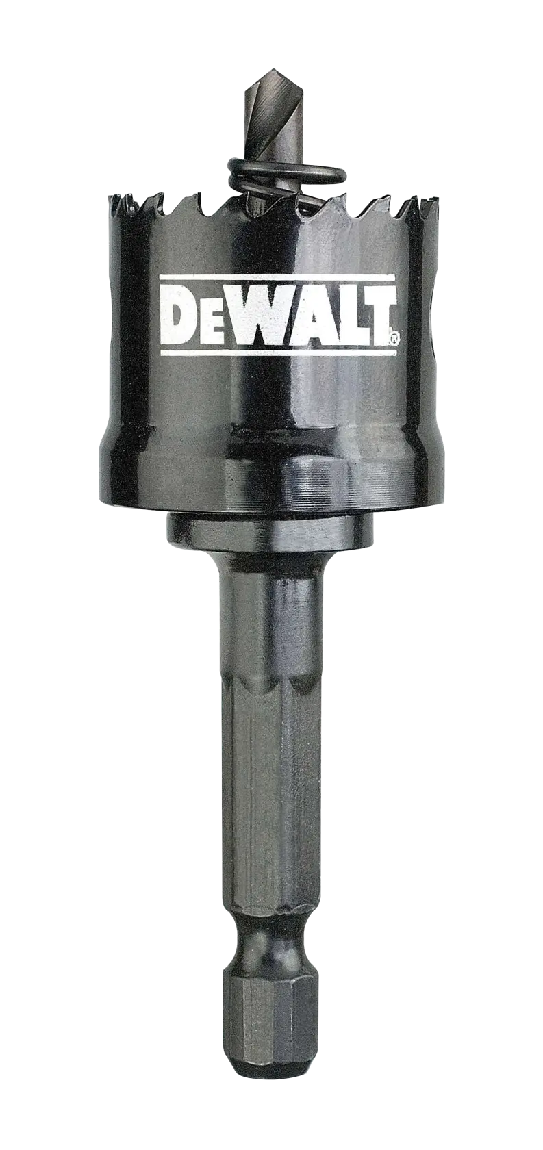 DEWALT hole saw drill bit with a central pilot drill, designed for cutting holes in various materials.