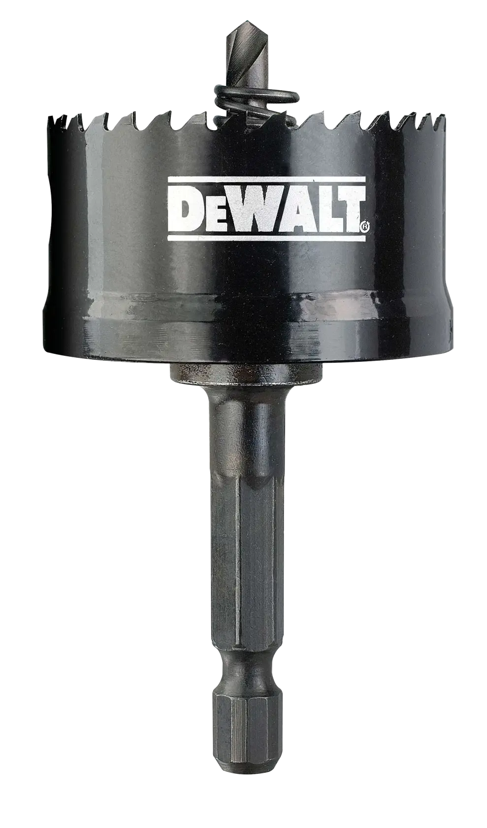 DEWALT hole saw with pilot drill bit for cutting circular holes in materials. Black finish with saw teeth.