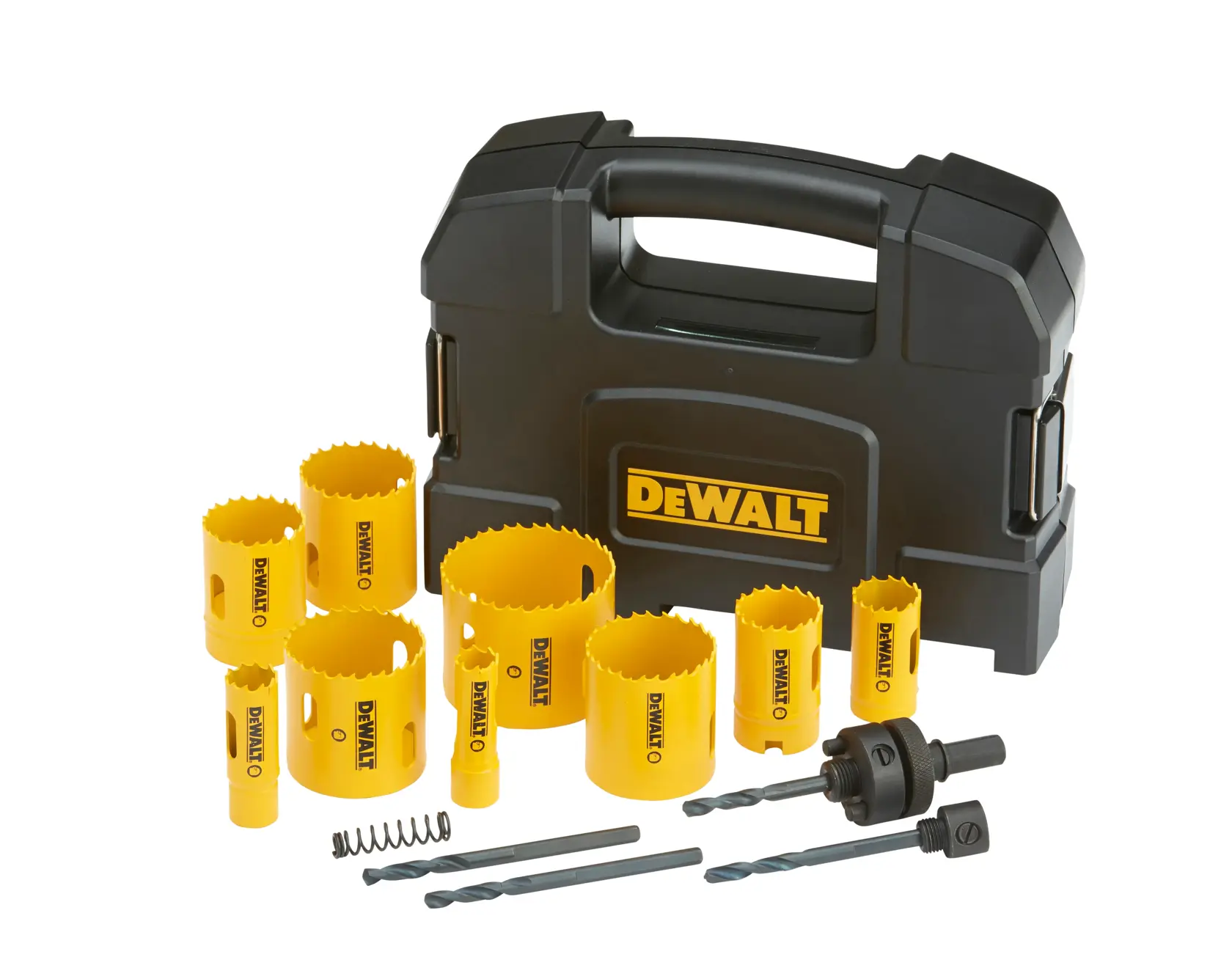 DEWALT hole saw kit with yellow saws, drills, accessories, and black carry case.