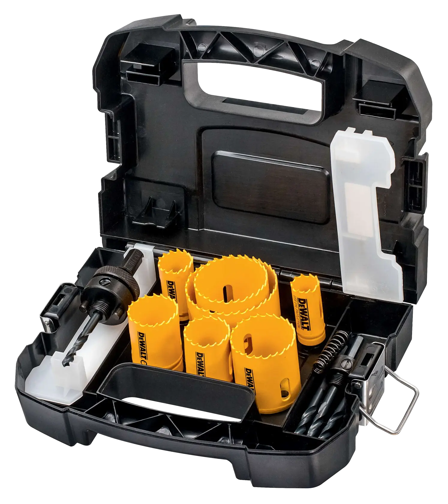 DEWALT hole saw kit in a black plastic carry case, containing yellow saws and drill accessories.