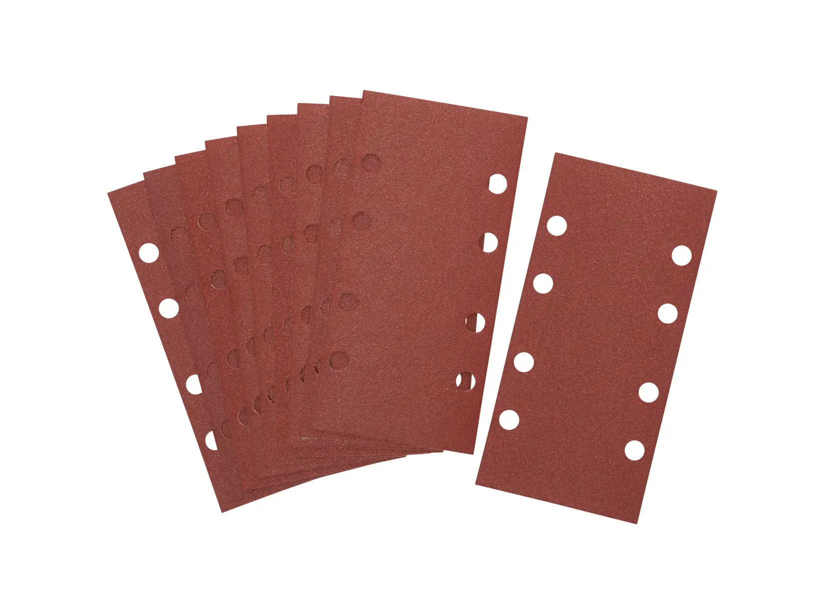 Juego de hojas de lijado rectangulares DEWALT con agujeros, sobre fondo blanco.
