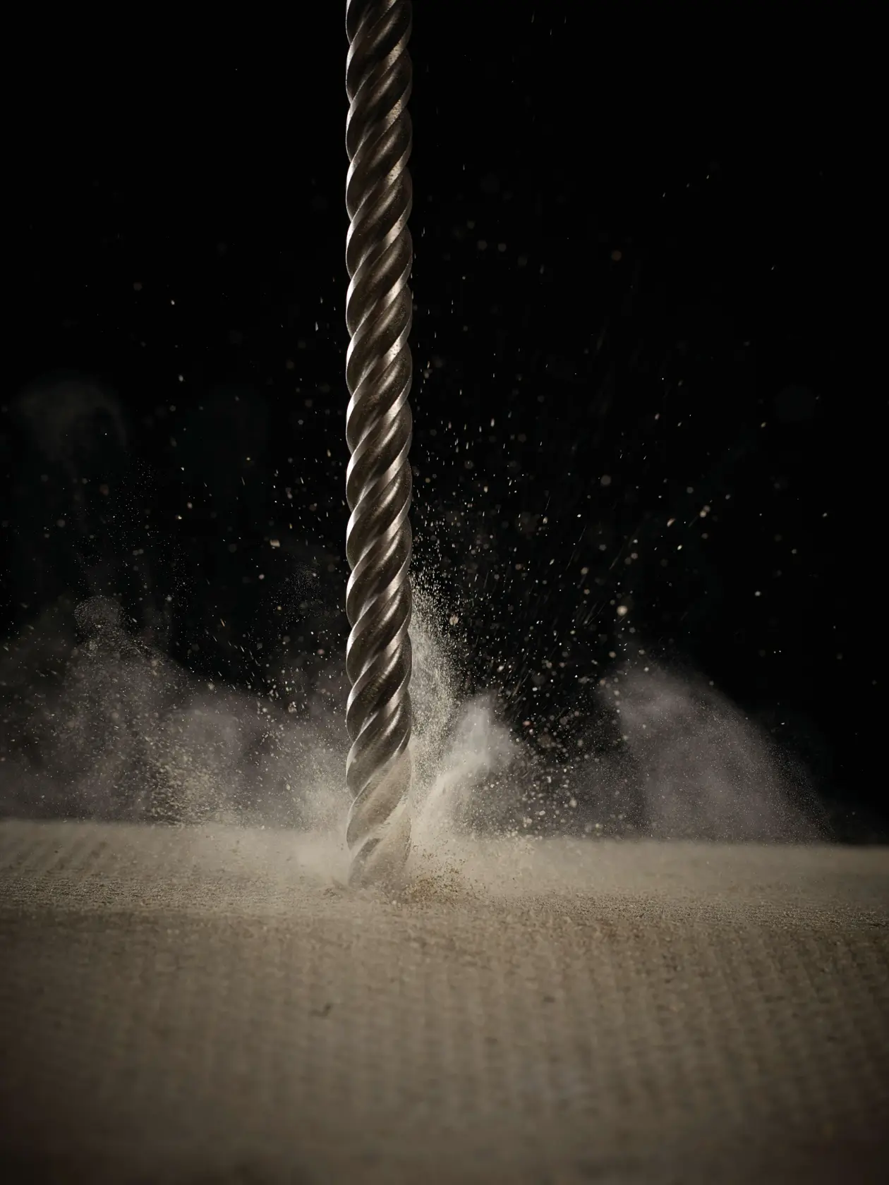 Una broca espiral DEWALT perfora una superficie sólida, levantando polvo, sobre fondo oscuro.