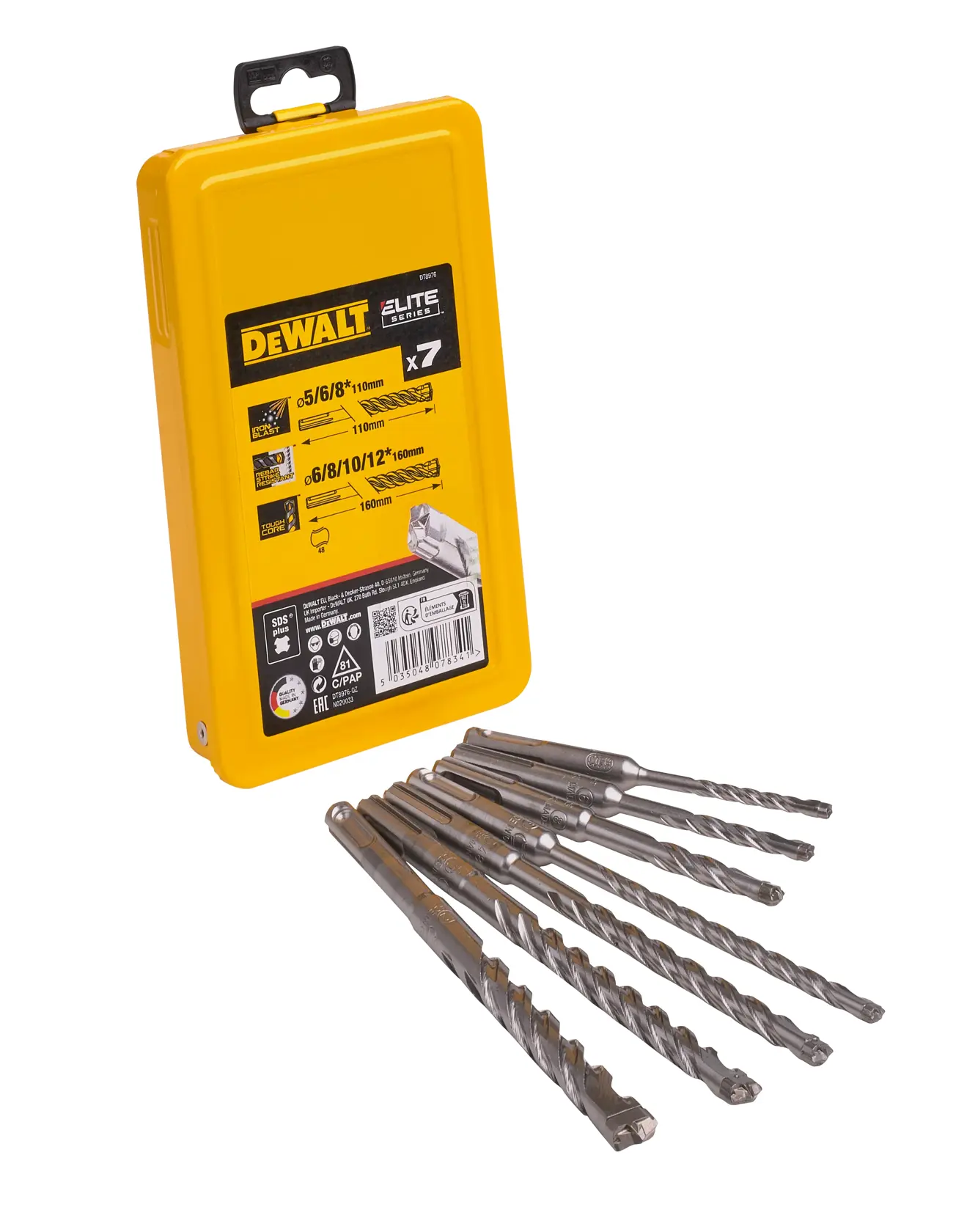 DEWALT DT8976 con estuche amarillo y siete brocas metálicas exhibidas al frente.