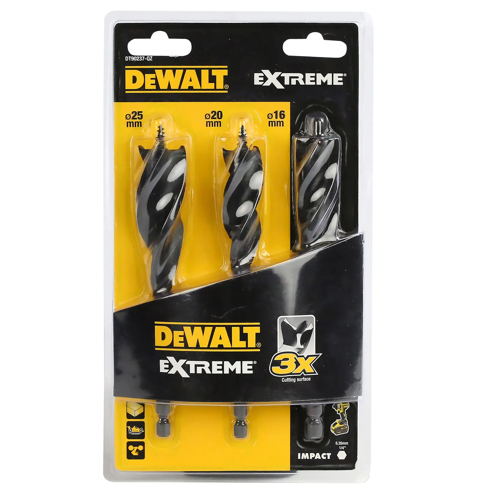 Juego de brocas DEWALT Extreme para madera, tres tamaños 16, 20, 25 mm, empaquetado amarillo y negro.