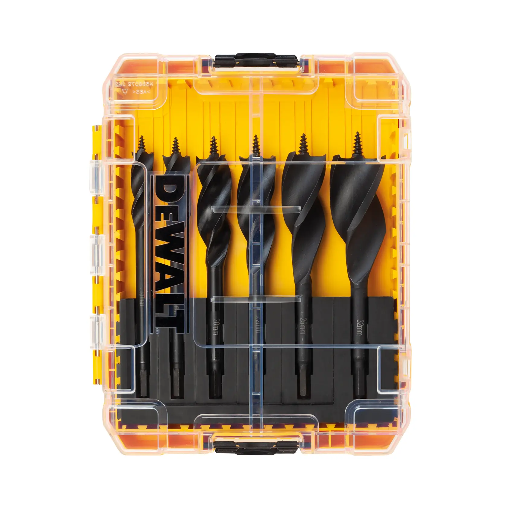 Juego de brocas DEWALT en caja amarilla transparente con cinco brocas para madera en posición vertical.