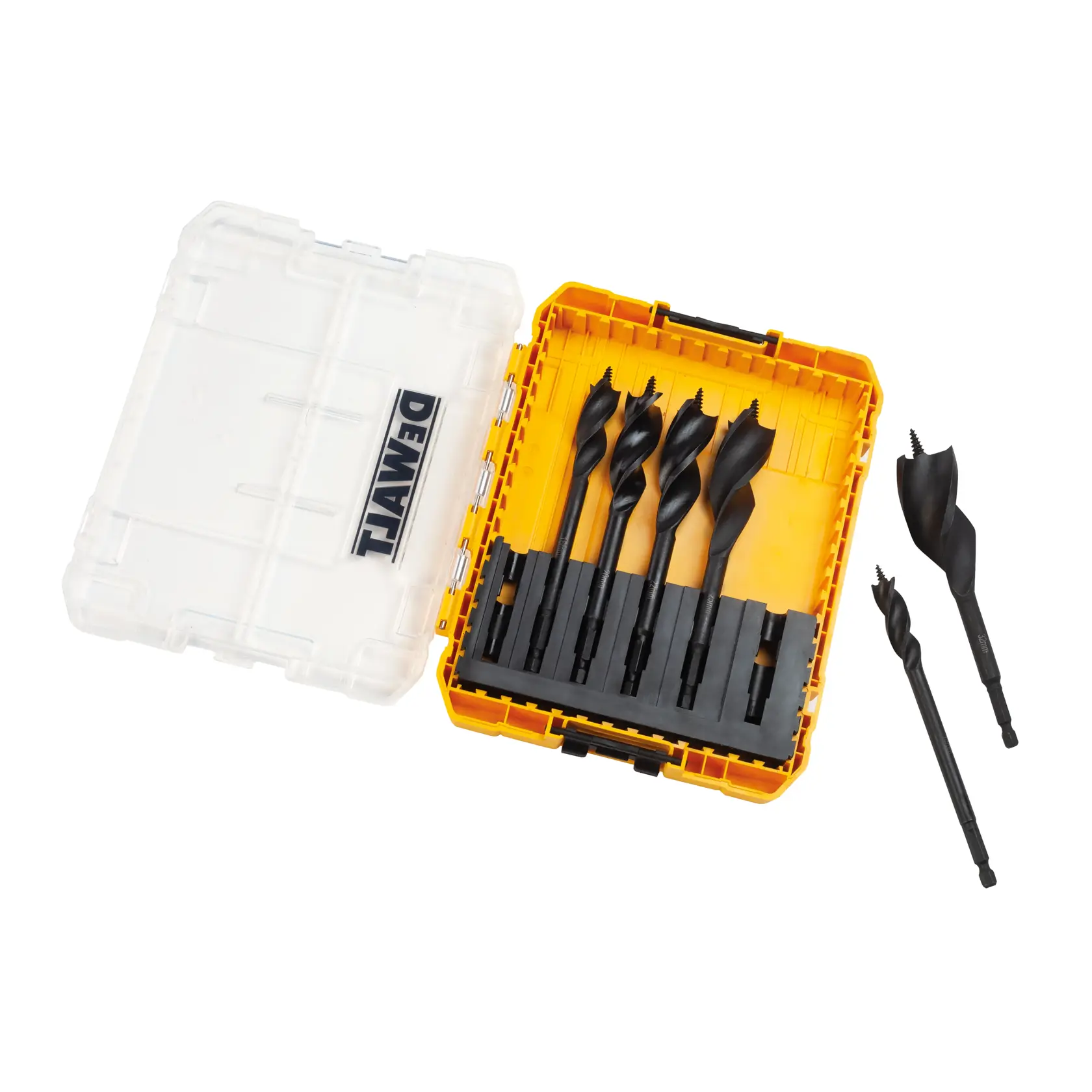Juego DEWALT con seis brocas negras en caja amarilla y transparente, dos brocas fuera, marca visible.