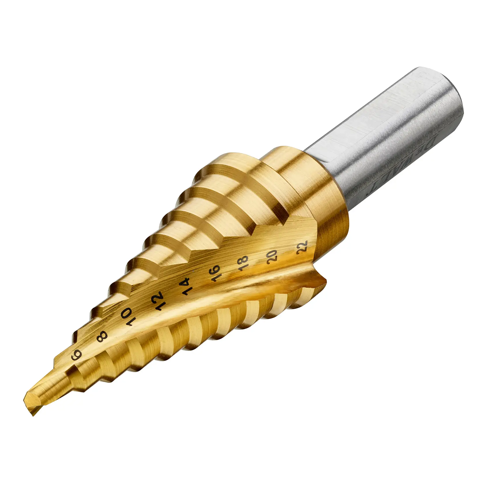 DEWALT step drill bit with gold coating and size markings, used for drilling different hole diameters.