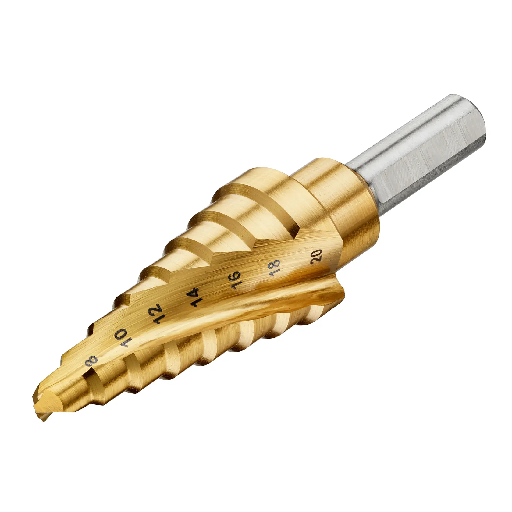 Gold DEWALT step drill bit with size markings, hex shank, used for drilling various hole diameters.