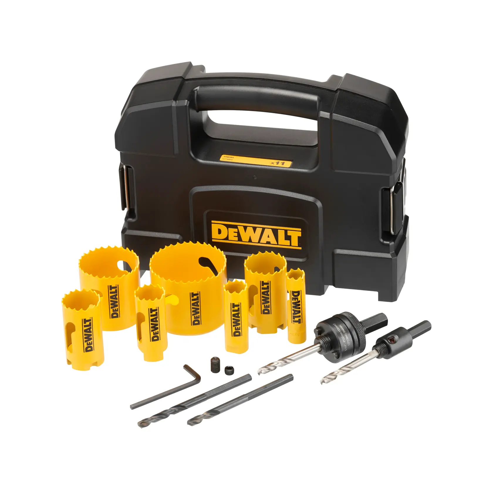 Kit DEWALT con sierras de corona amarillas, brocas, accesorios y estuche negro.