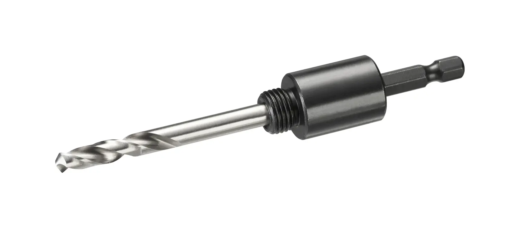 DEWALT drill bit with hex shank and metal body for drilling applications on white background.