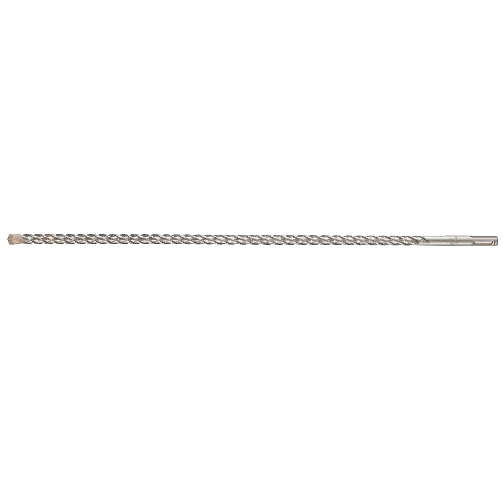 Broca metálica larga y en espiral para mampostería, fotografiada sobre fondo blanco.