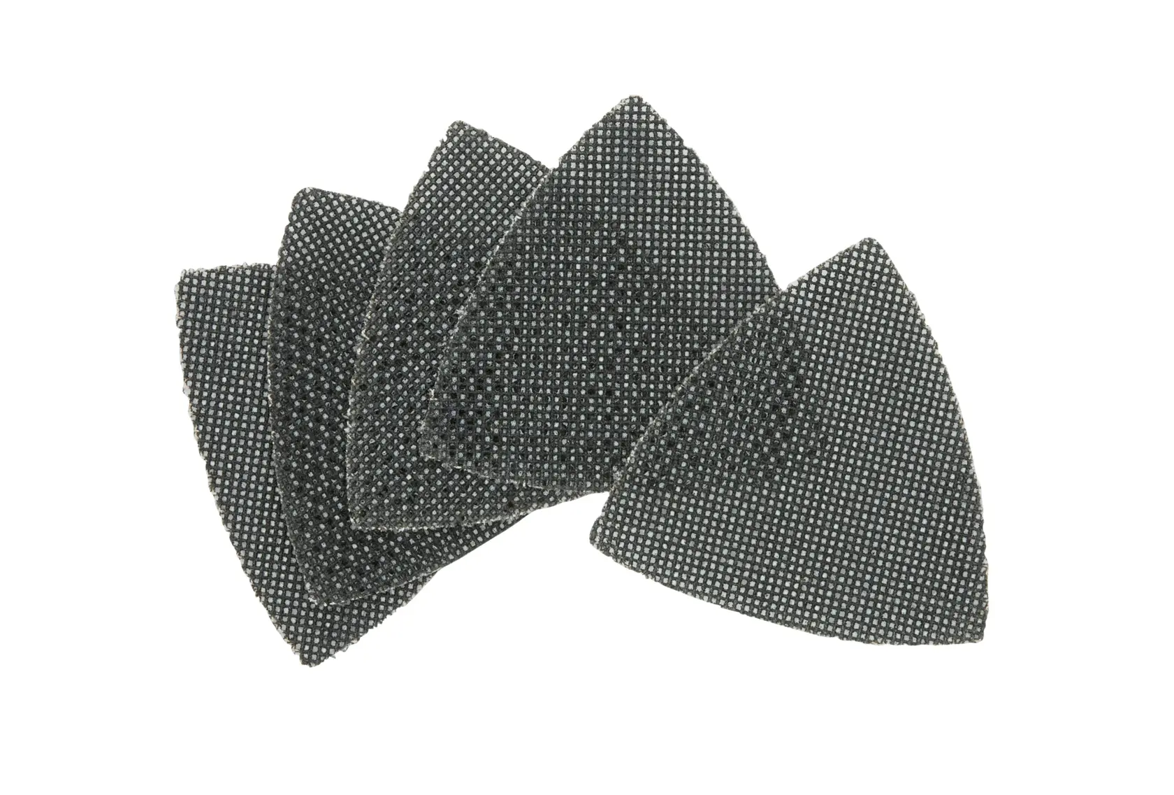 Juego de cinco hojas de lijado triangulares DEWALT, diseño de malla negra, apiladas en abanico.