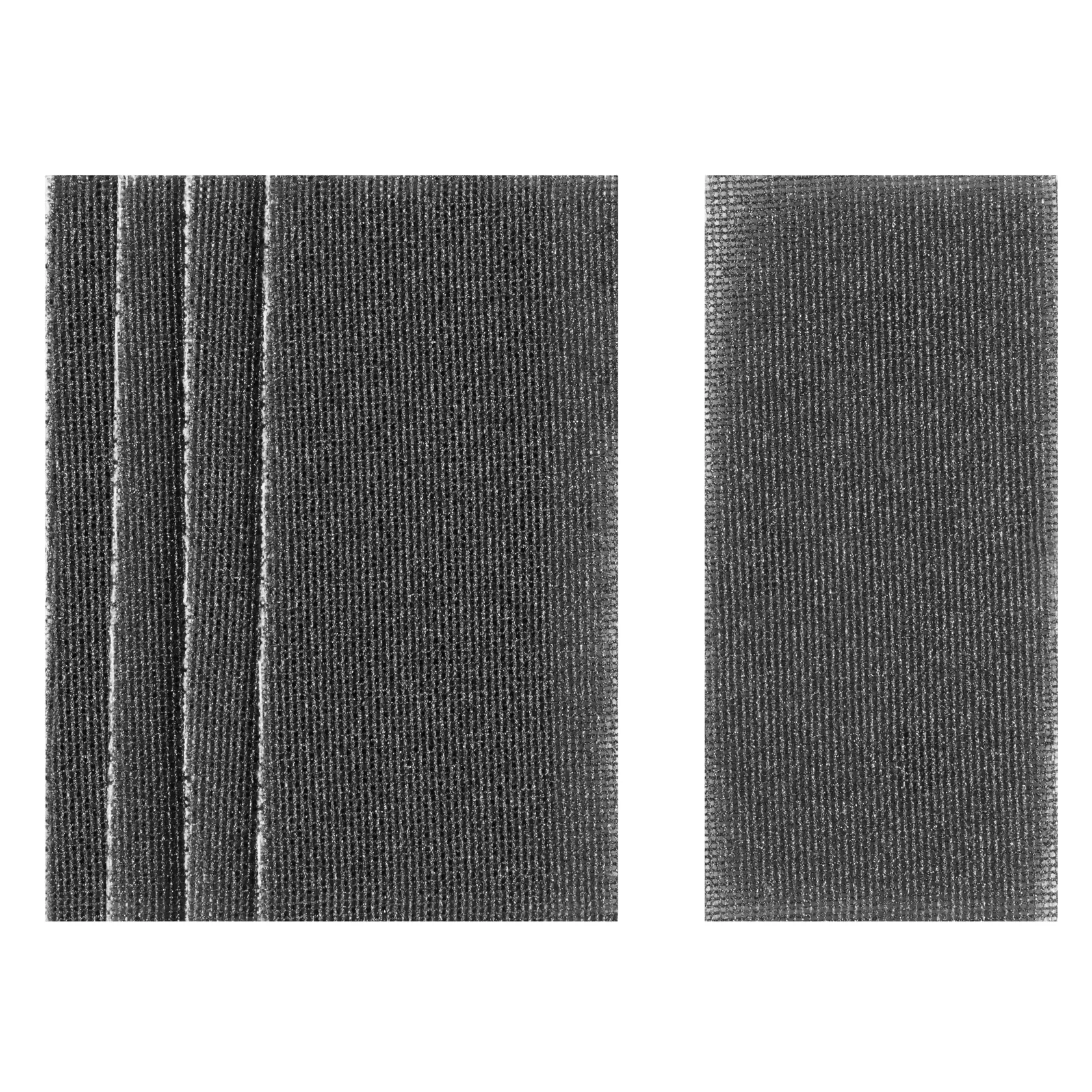 Hojas de malla de lijado negras rectangulares en dos pilas para producto fotográfico DEWALT DTM8656.
