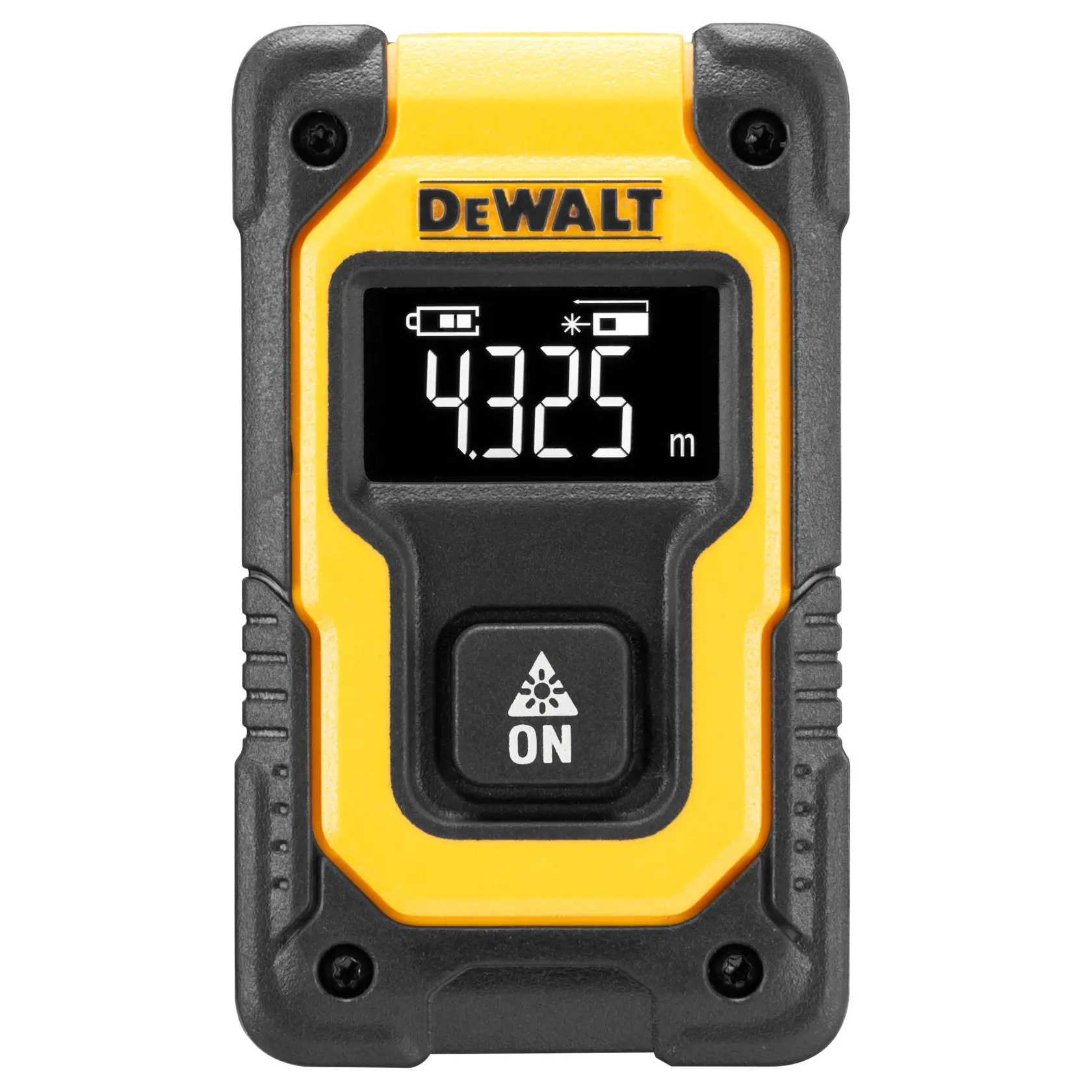 Medidor láser de distancia DEWALT DW055PL, DW055PL-XJ con pantalla, cuerpo amarillo y negro resistente.