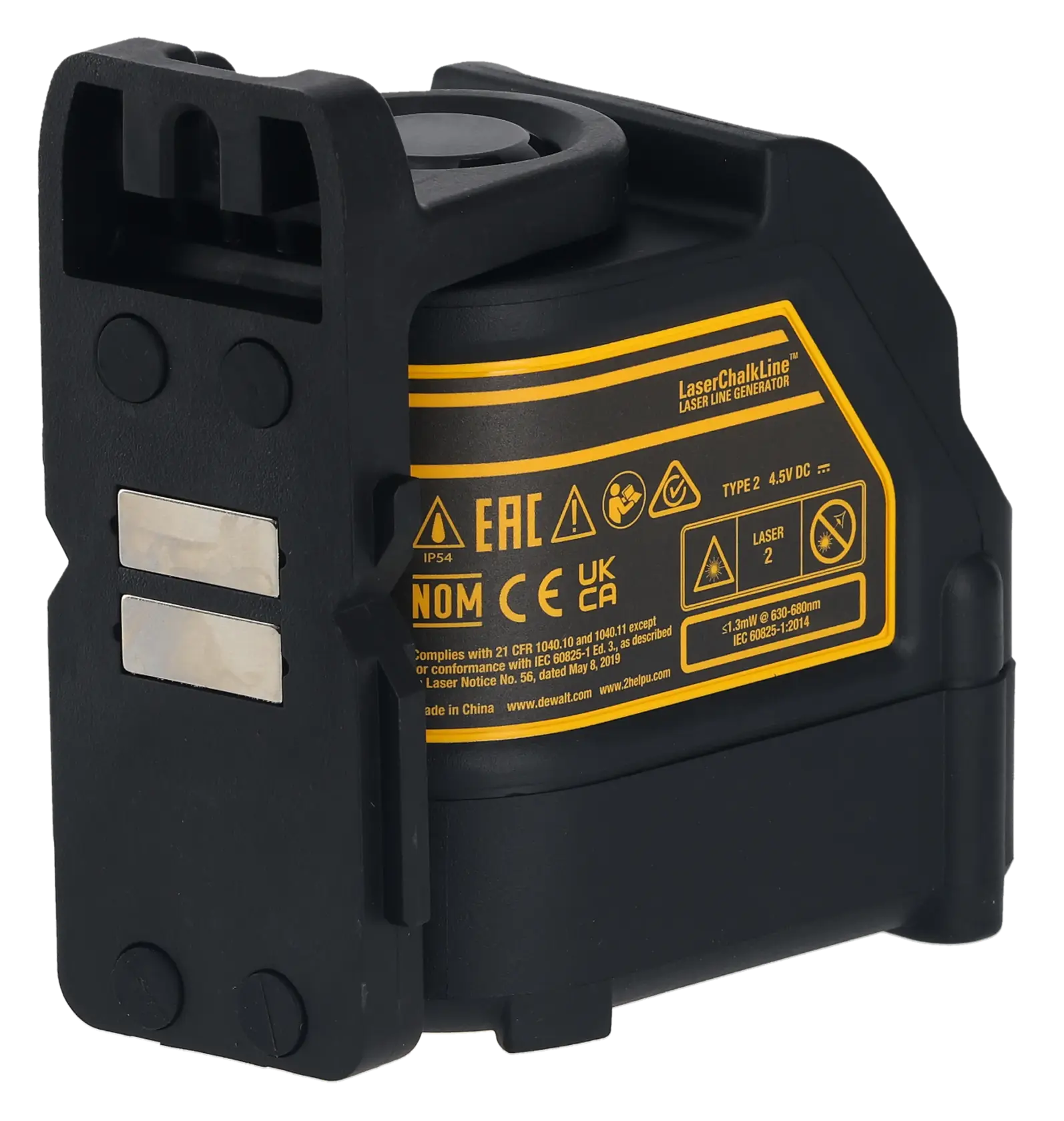 Close-up of a battery life indicator on a DEWALT tool with yellow label and black casing.