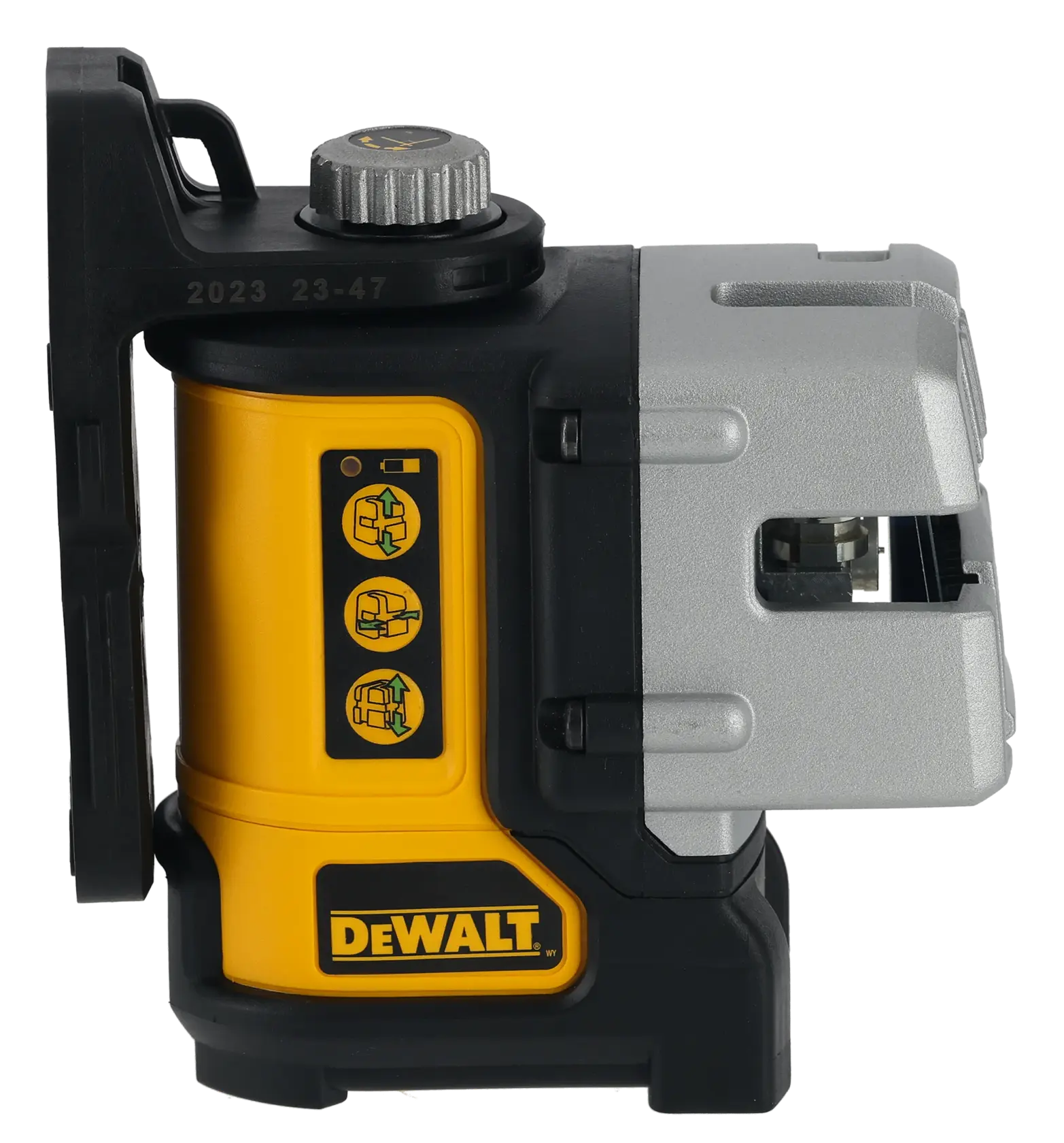 Nivel láser de haz verde DEWALT DW089CG, vista lateral con panel de control visible.