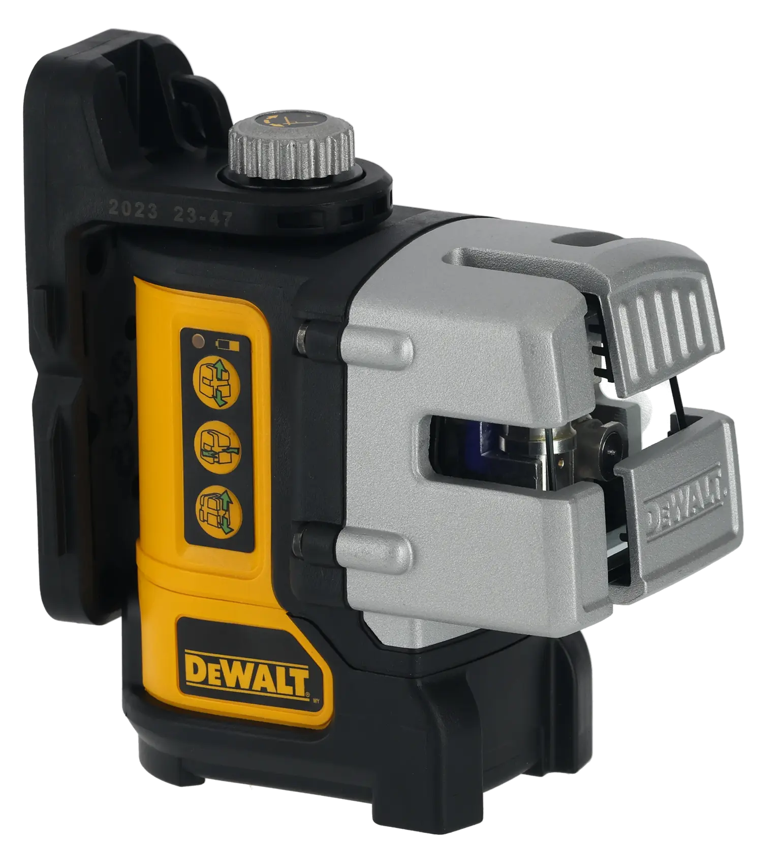 DEWALT DW089CG láser verde de líneas cruzadas con carcasa negro y amarilla, para nivelación en fotografía o construcción.
