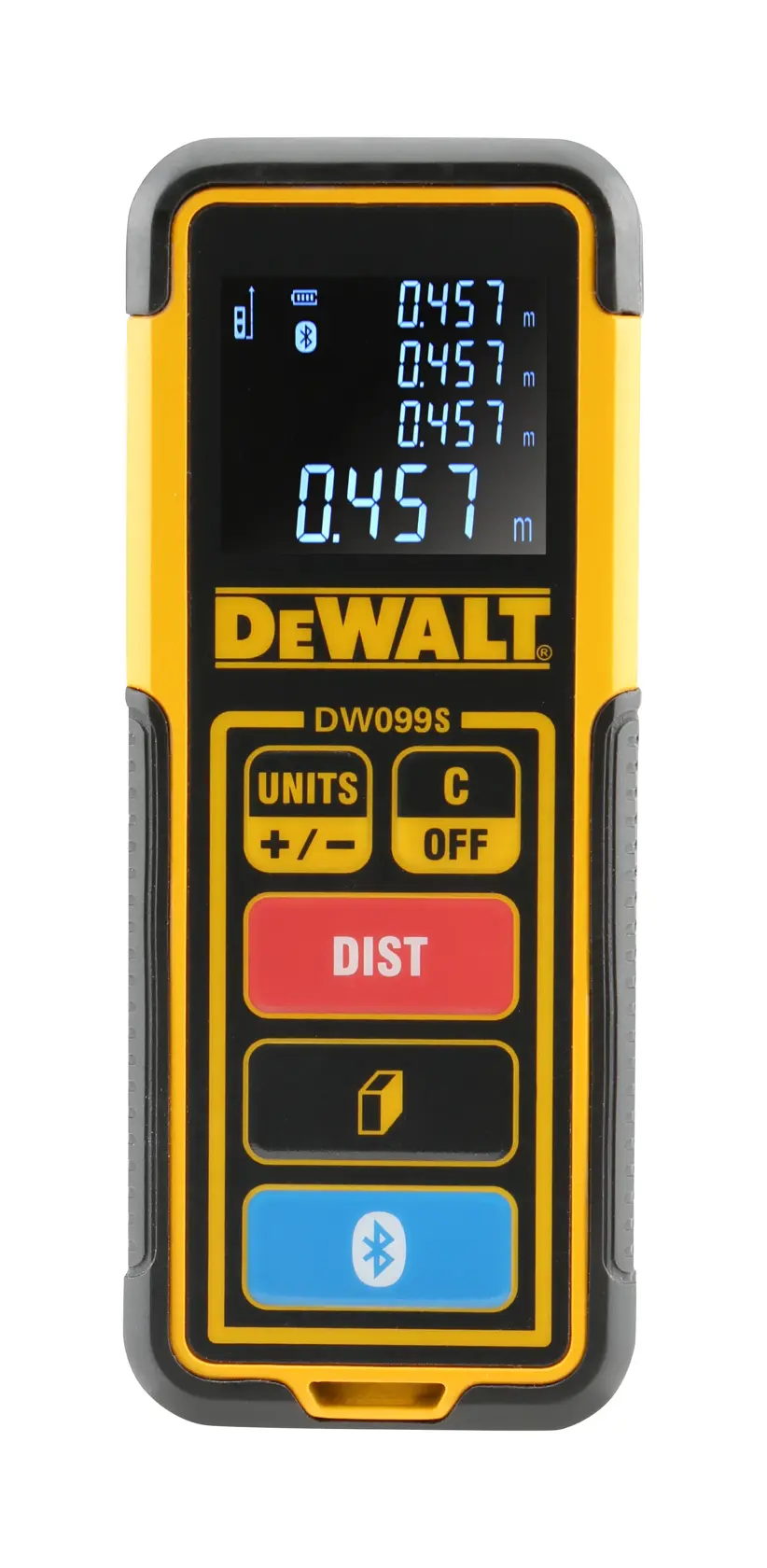 DEWALT DW099S laser distance measurer with an illuminated digital display showing multiple measurement readings. The device has a yellow and black body, with labeled buttons for functions such as units, distance, and Bluetooth.