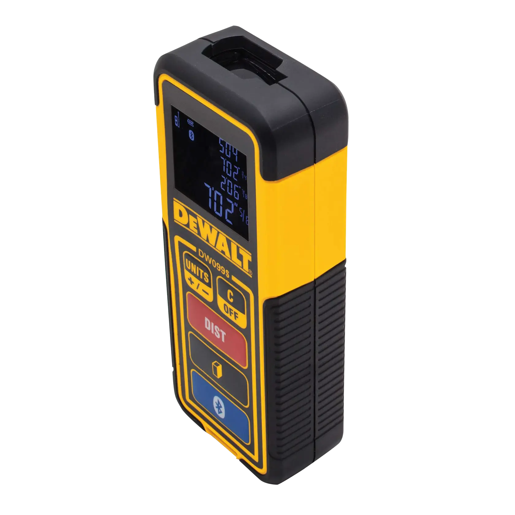 A DEWALT DW099S laser distance measurer with a yellow and black casing, digital screen displaying measurements, and multiple buttons including units, off, distance, and Bluetooth functions.