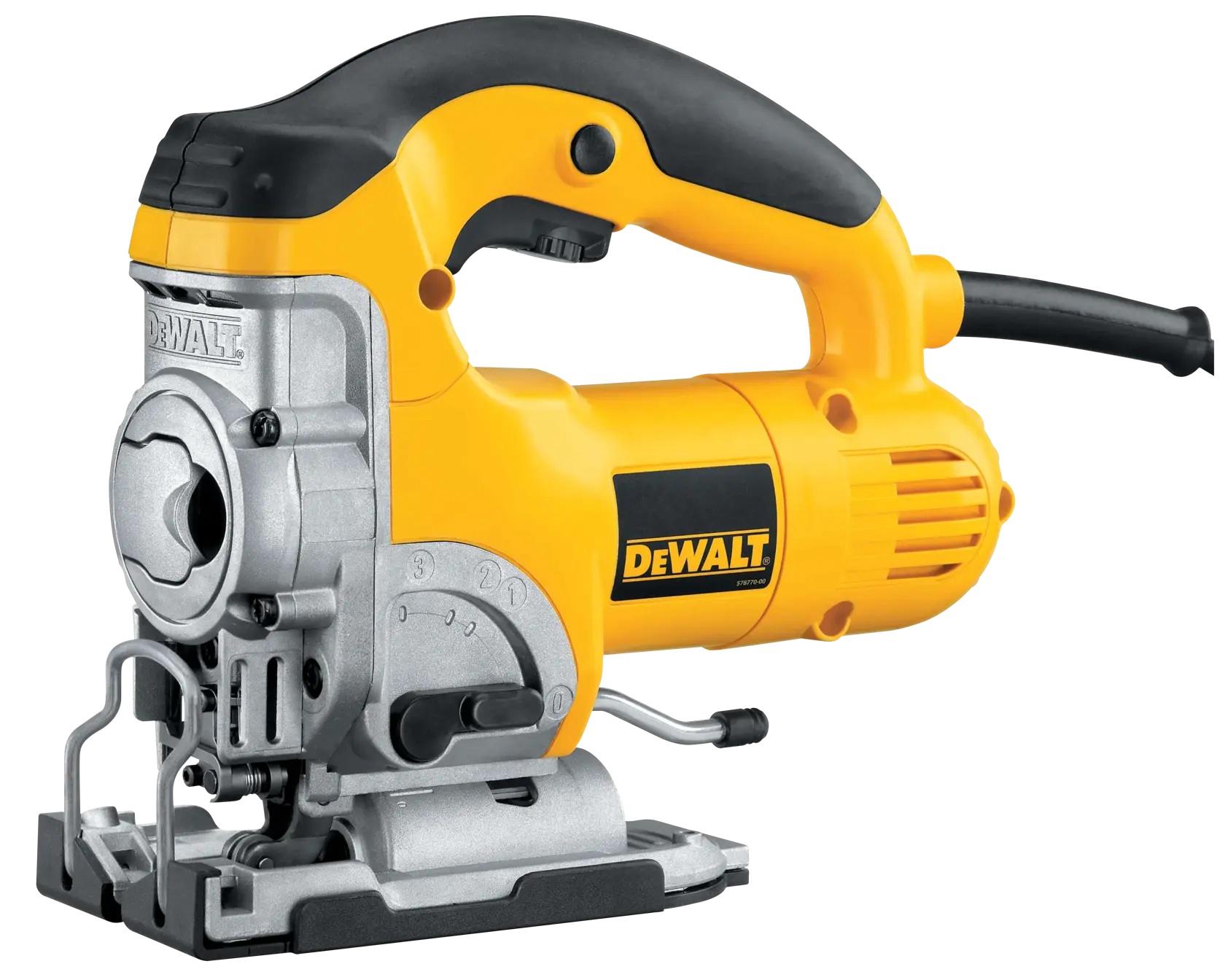 A DEWALT DW331K electric jigsaw tool with a yellow and black body, designed for cutting various materials. The tool is shown from the side, with visible blade mechanism, handle, and cord.