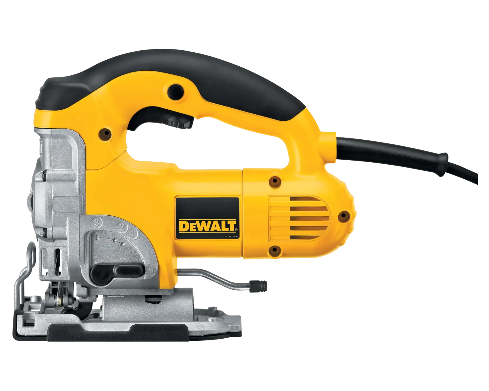 A DEWALT DW331K jigsaw being used to cut a wooden board, held by a person wearing a long-sleeve shirt and work boots. Several wooden planks are visible in the background.