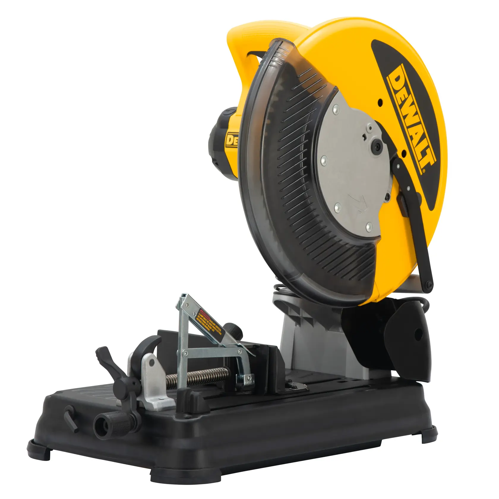 DEWALT DW872 yellow and black metal cutting saw with guard, base, and clamp.