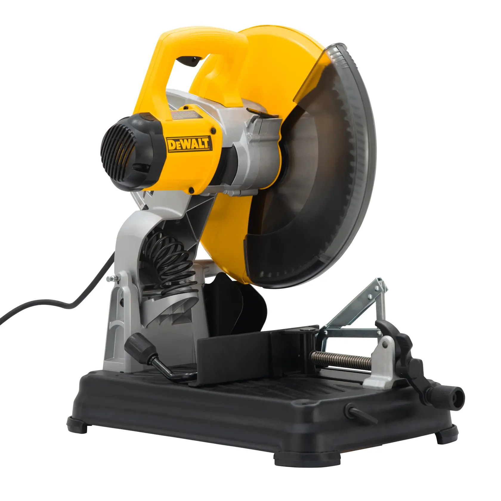A DEWALT DW872 metal cutting saw with a yellow and black design, featuring a large circular blade and sturdy base.