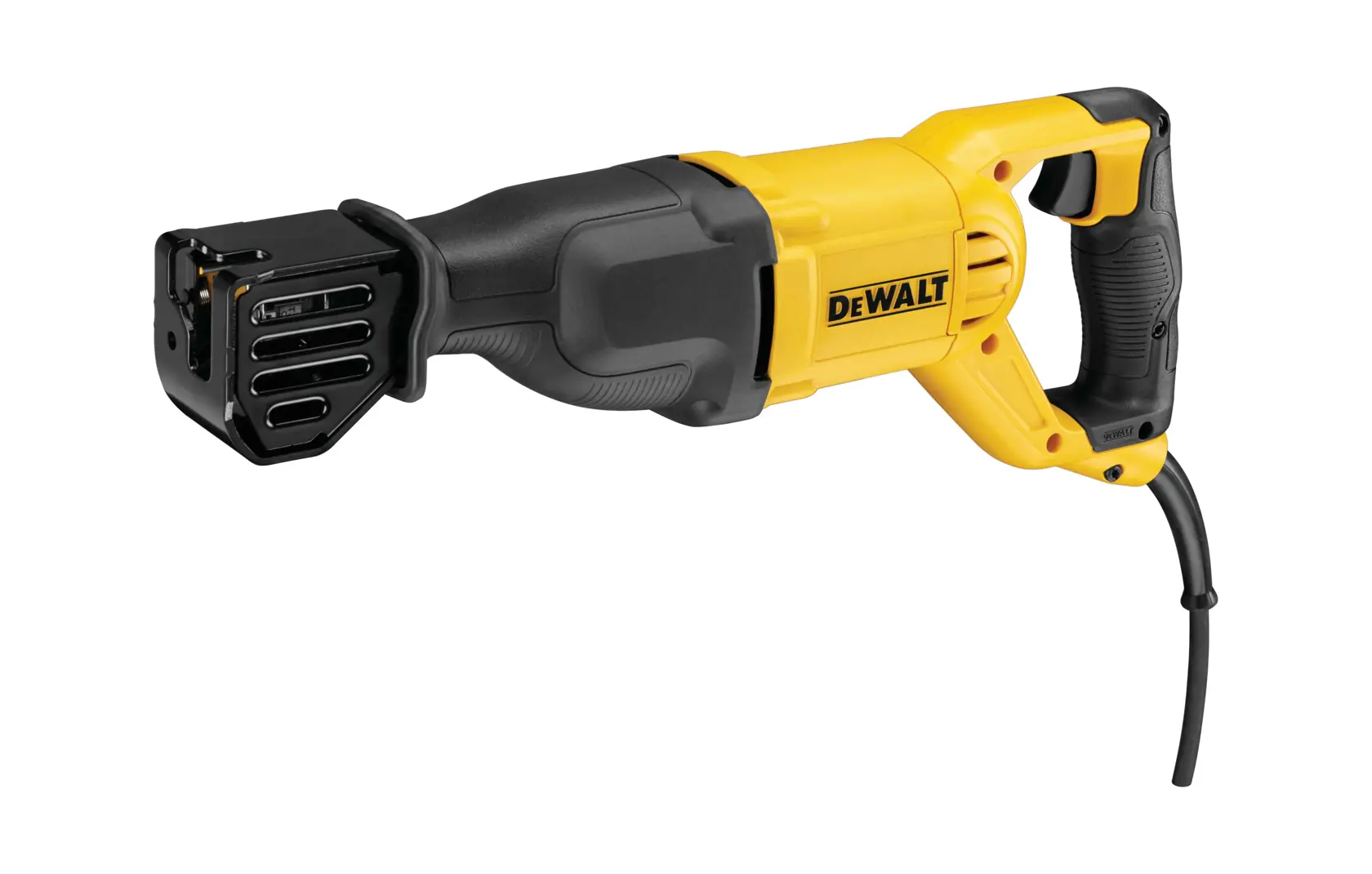 A DEWALT reciprocating saw with a yellow and black design, shown against a white background. Below the saw, a text reads: 'Ideal for plumbers, electricians, & builders.'