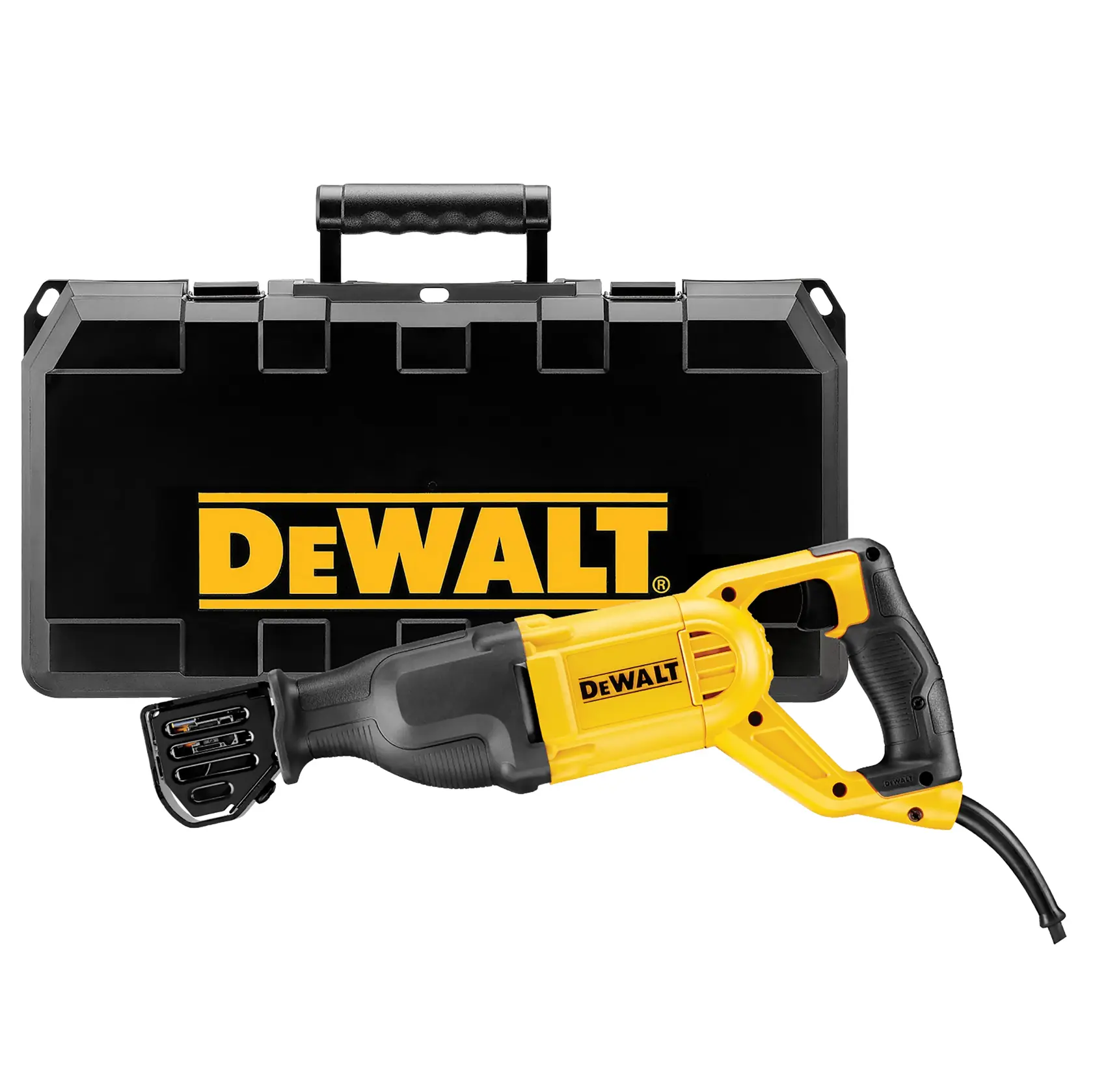 A DEWALT reciprocating saw shown inside an open heavy-duty carrying case. The image highlights key features including 2,800 SPM (strokes per minute), a 4-position blade clamp, and a 29 mm stroke length.