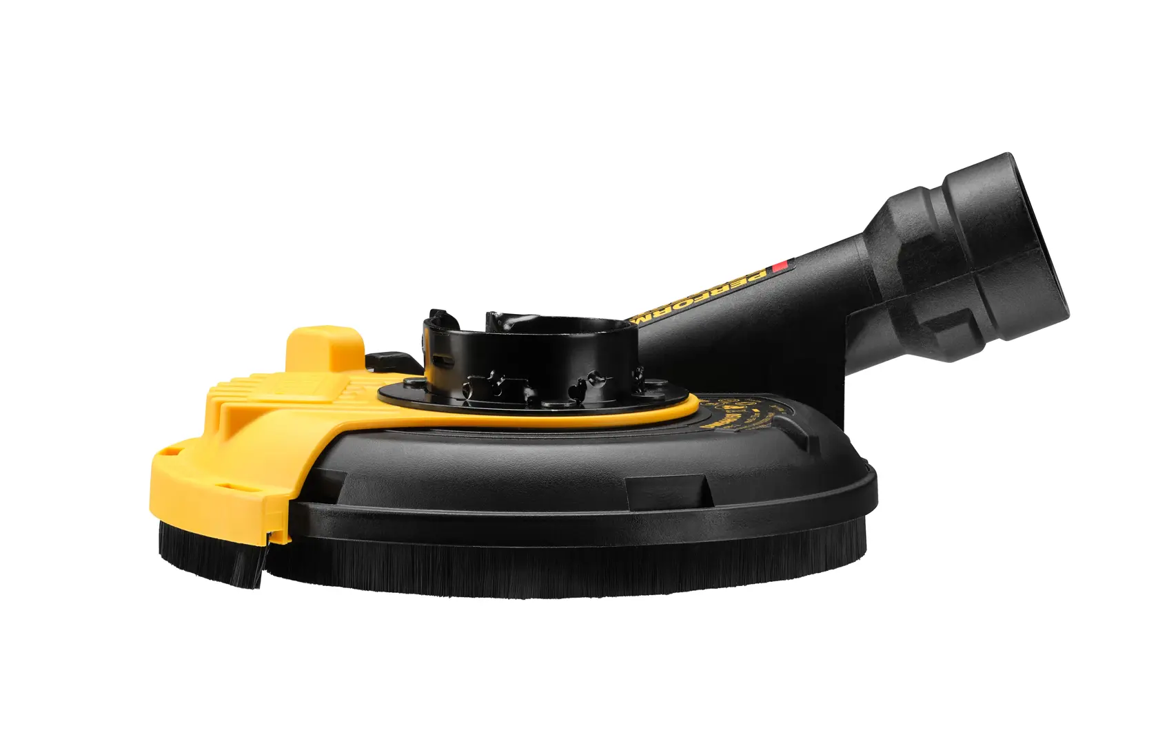 Cubierta antipolvo DEWALT DWE46150 para esmeriladoras, negro y amarillo, sobre fondo blanco.