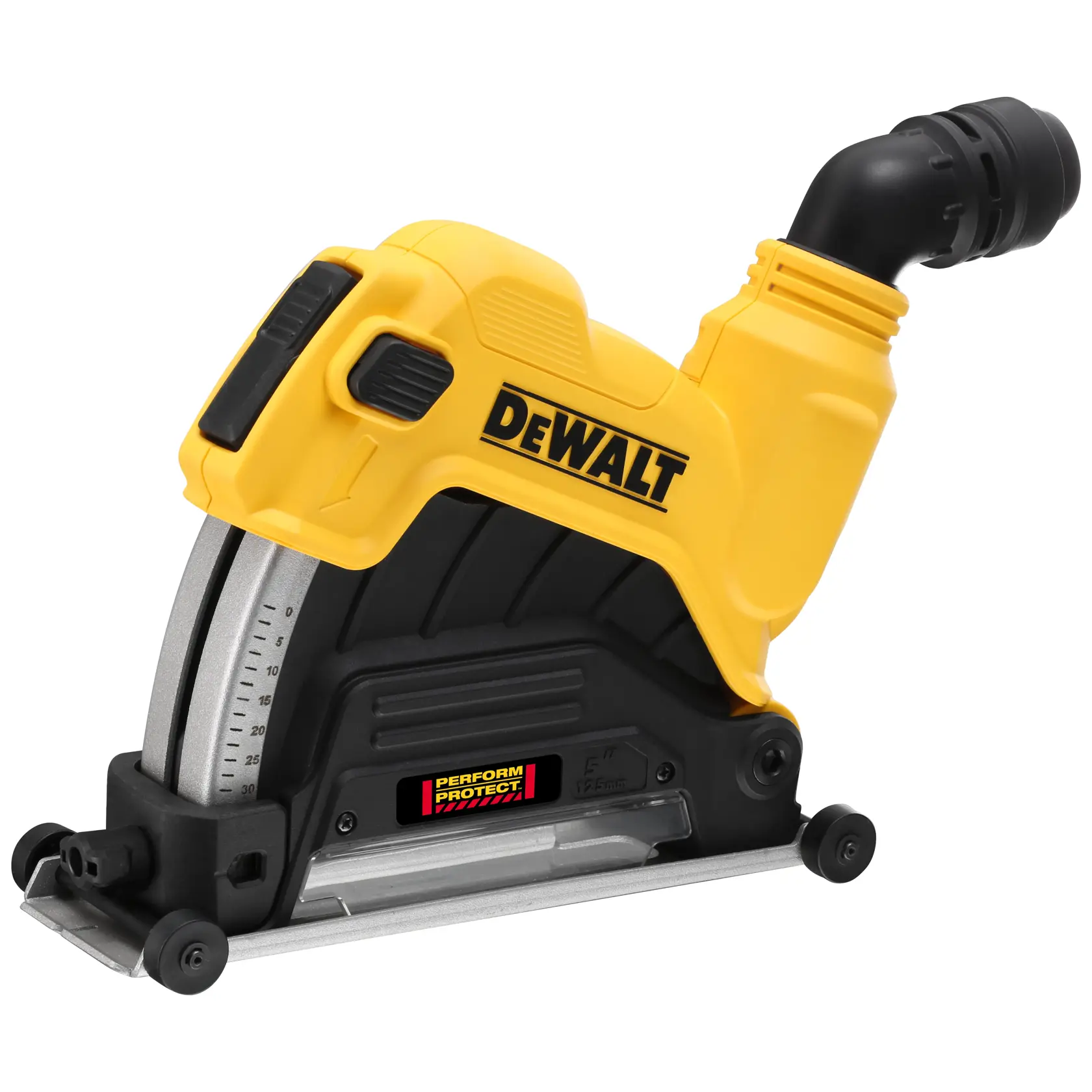 Herramienta eléctrica de la marca DEWALT, específicamente una cubierta para polvo para amoladora angular, de diseño amarillo y negro y etiqueta 'Perform Protect'.