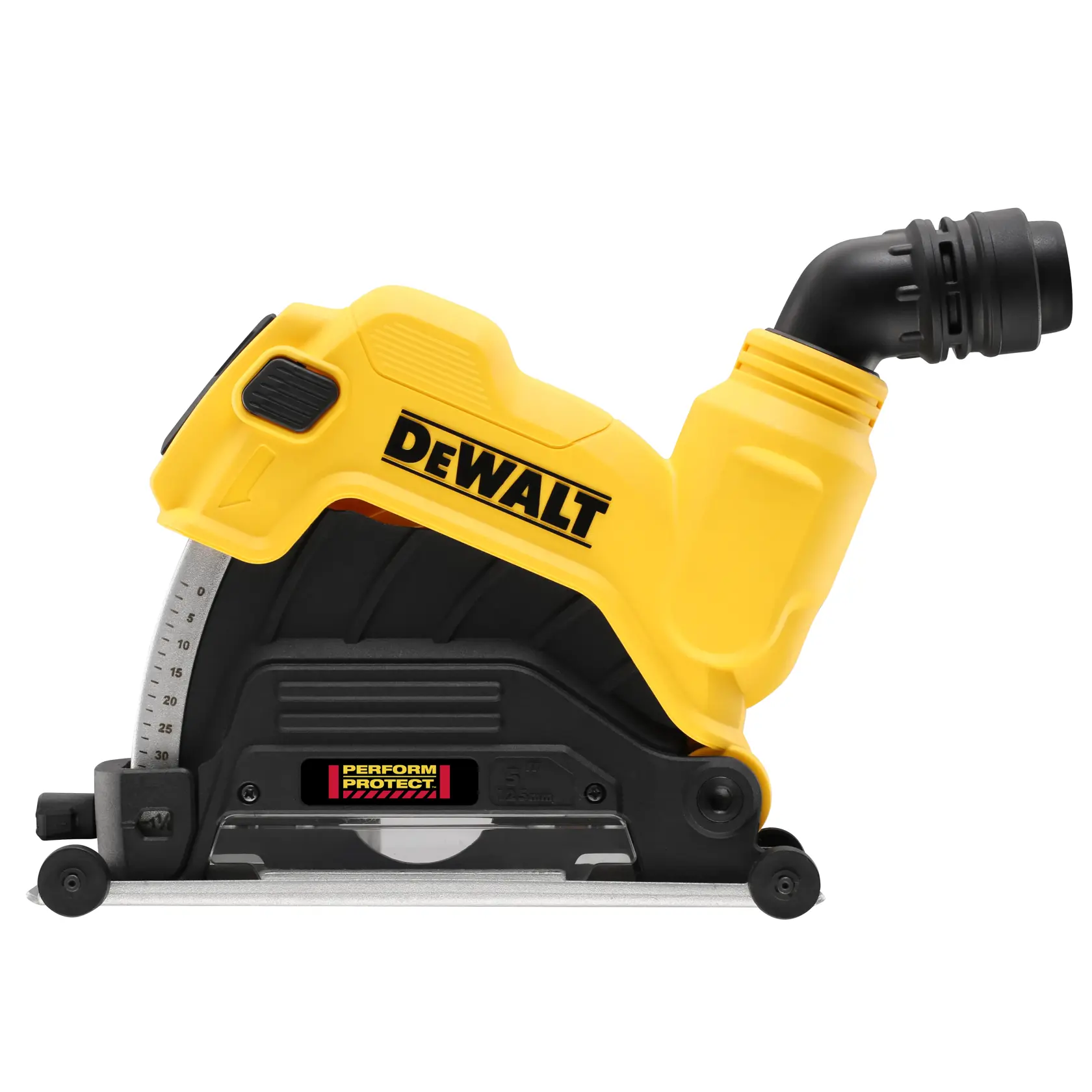 Accesorio de extracción de polvo DEWALT DWE46225 para fotografía, mostrado en vista lateral con cuerpo amarillo y negro, incluye conector para manguera y etiqueta Perform Protect.